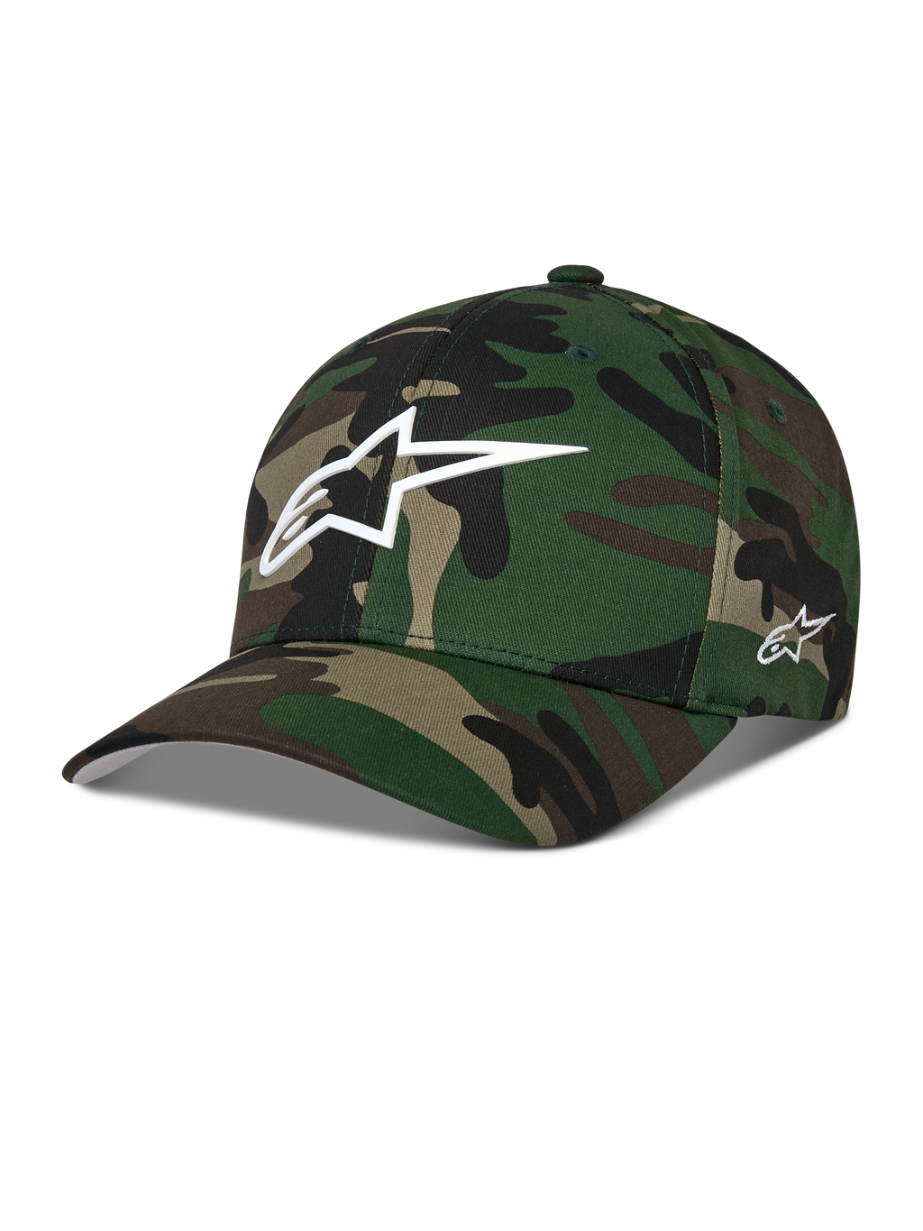 Alpinestars Ageless Multi Hat, cappellino da baseball mimetico verde, con logo Astars 3D bianco frontale e ricamo laterale, visiera curva, corona strutturata, streetwear casual ispirato al motorsport
