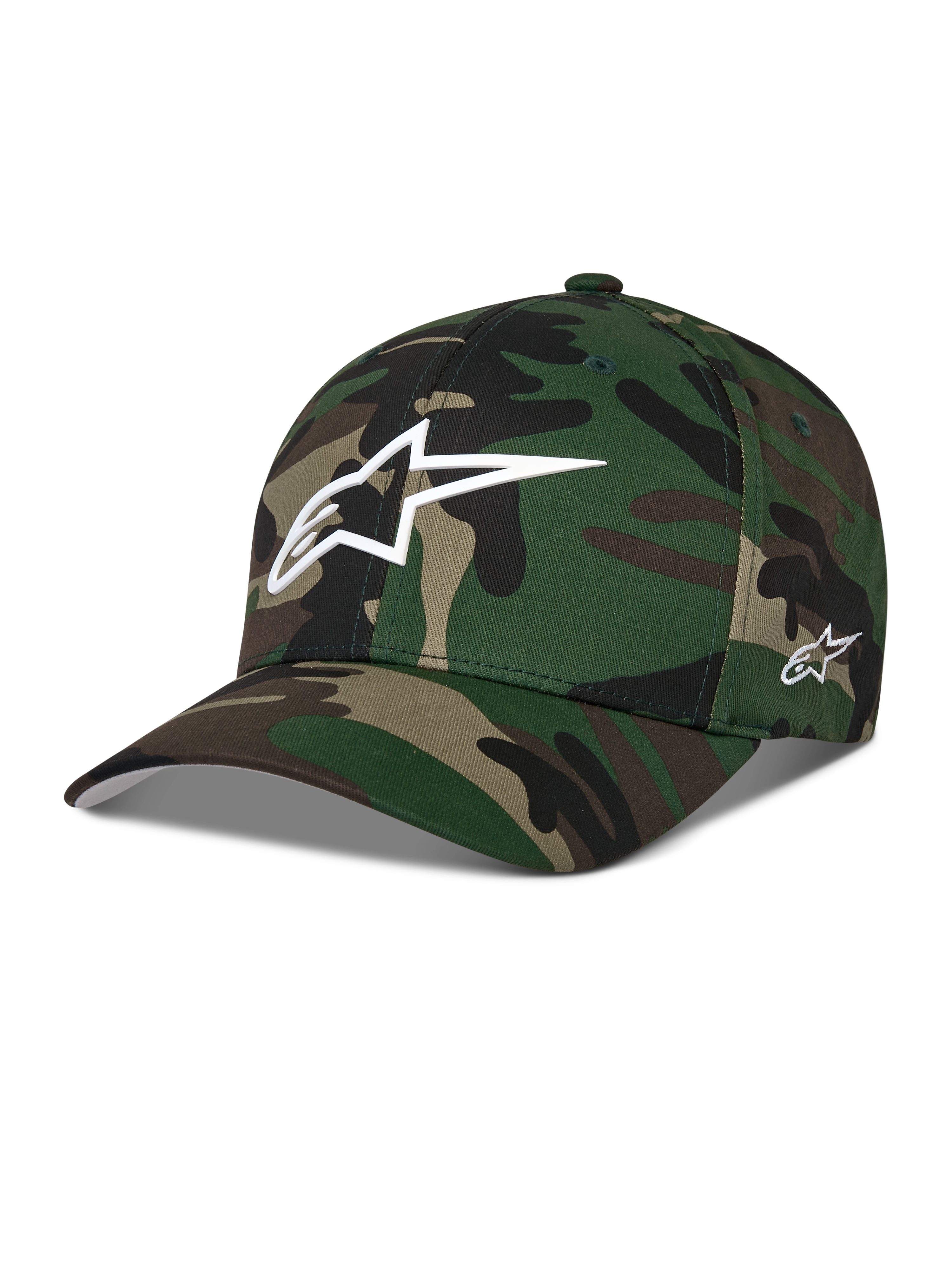 Alpinestars Ageless Multi Hat, cappellino da baseball mimetico verde, con logo Astars 3D bianco frontale e ricamo laterale, visiera curva, corona strutturata, streetwear casual ispirato al motorsport