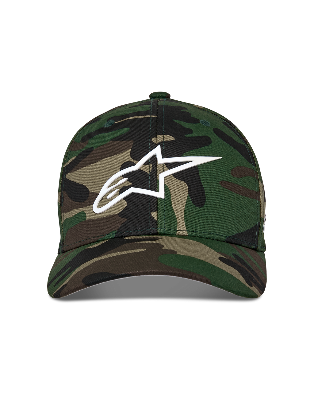 Alpinestars Ageless Multi Hat, berretto da baseball, verde mimetico, con logo Astars bianco stampato in 3D sul davanti, corona strutturata con visiera curva, copricapo casual ispirato al motorsport