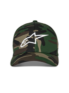 Alpinestars Ageless Multi Hat, berretto da baseball, verde mimetico, con logo Astars bianco stampato in 3D sul davanti, corona strutturata con visiera curva, copricapo casual ispirato al motorsport