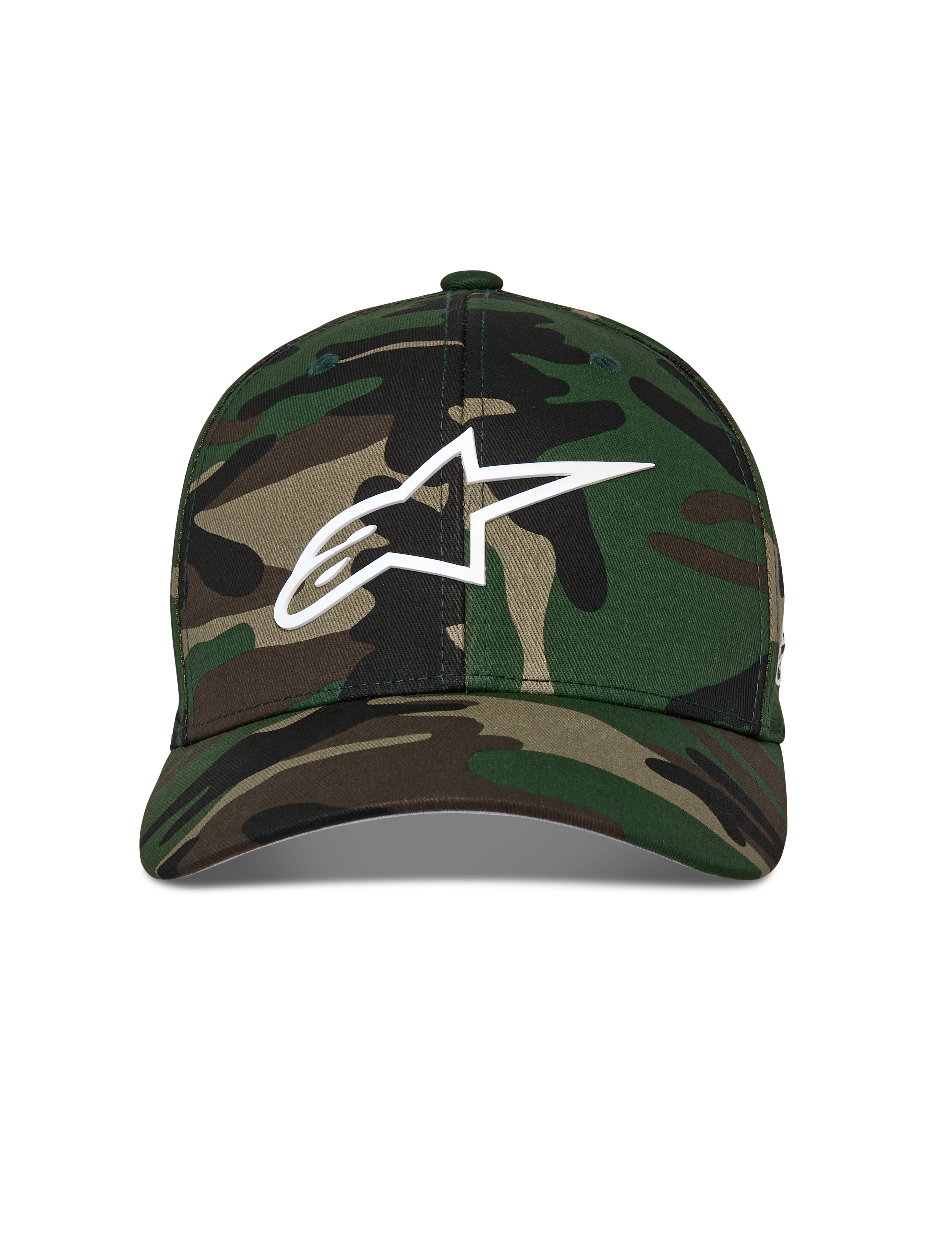 Alpinestars Ageless Multi Hat, berretto da baseball, verde mimetico, con logo Astars bianco stampato in 3D sul davanti, corona strutturata con visiera curva, copricapo casual ispirato al motorsport