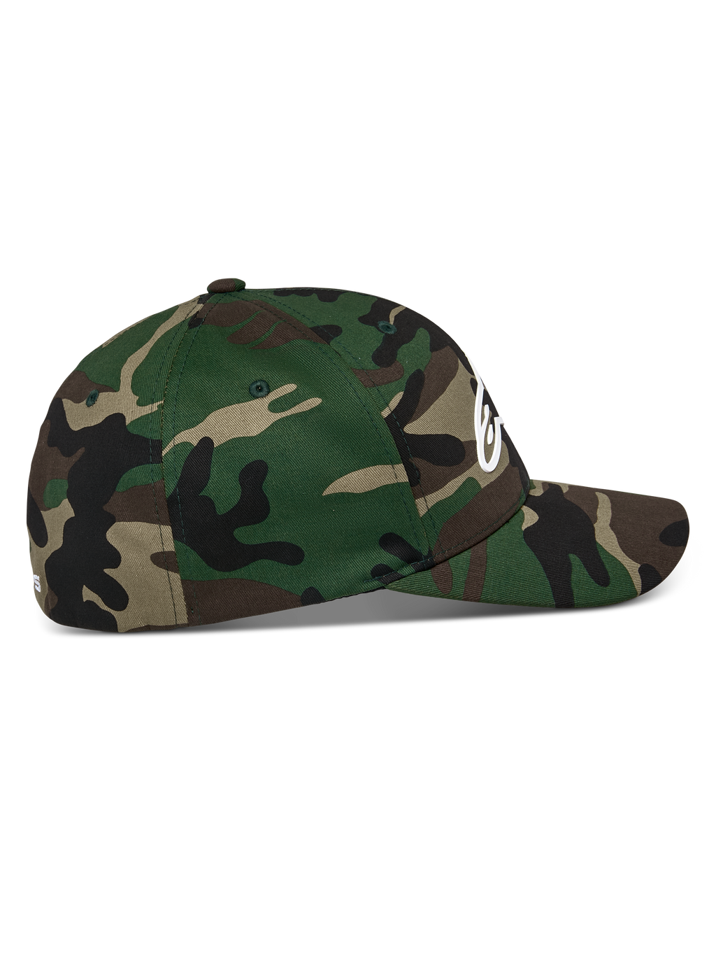 Cappello Alpinestars Ageless Multi, mimetico verde, vista di profilo laterale, visiera curva con corona strutturata, tessuto twill elasticizzato, logo Astars bianco in stampa 3D frontale e ricamo piatto posteriore, abbigliamento sportivo casual