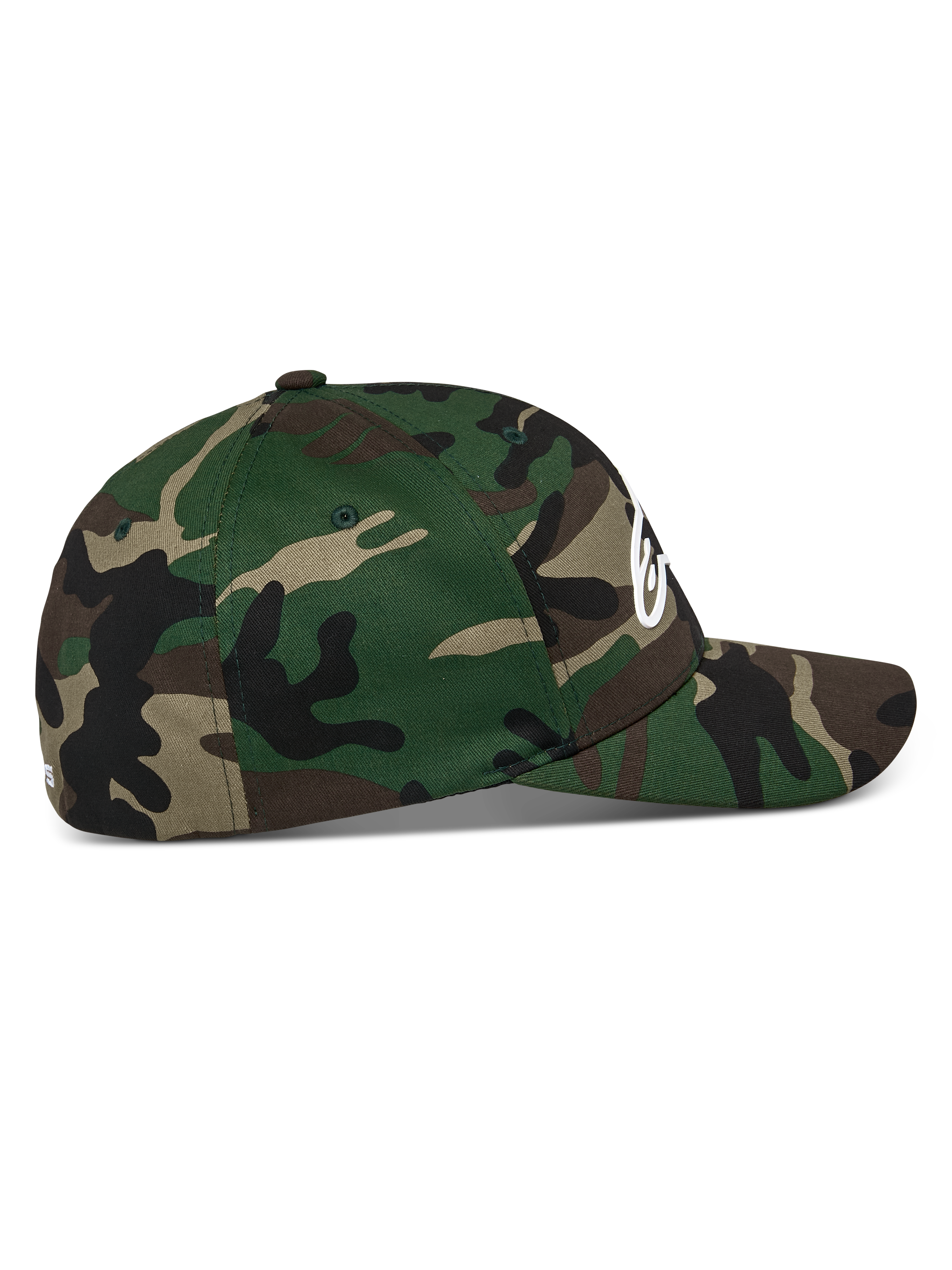 Cappello Alpinestars Ageless Multi, mimetico verde, vista di profilo laterale, visiera curva con corona strutturata, tessuto twill elasticizzato, logo Astars bianco in stampa 3D frontale e ricamo piatto posteriore, abbigliamento sportivo casual