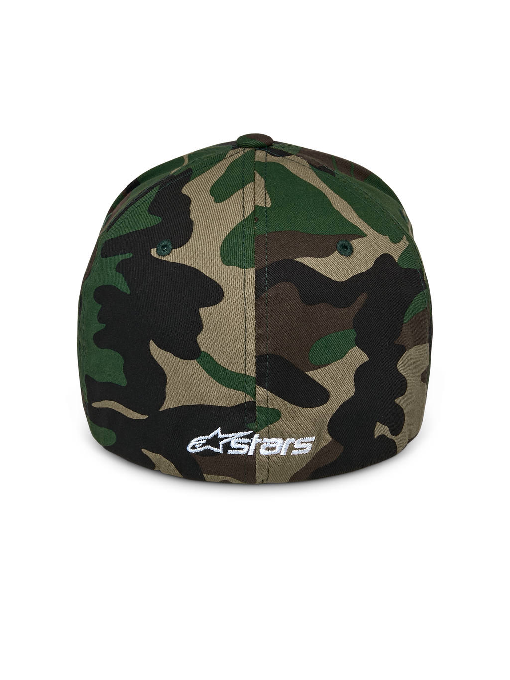 Alpinestars Ageless Multi Hat, cappellino da baseball mimetico verde, vista posteriore con piccolo logo Astars ricamato in bianco, corona strutturata e design con retro flessibile