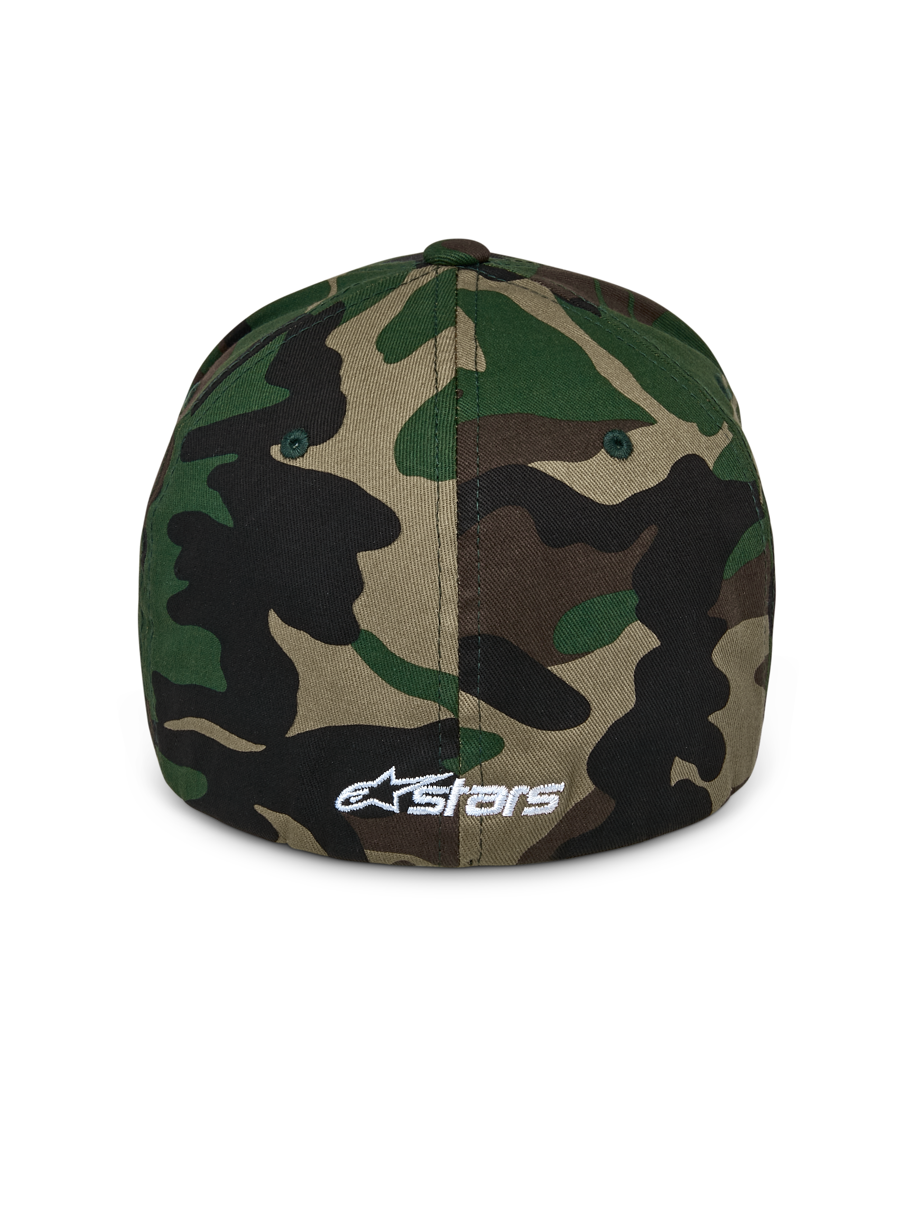 Alpinestars Ageless Multi Hat, cappellino da baseball mimetico verde, vista posteriore con piccolo logo Astars ricamato in bianco, corona strutturata e design con retro flessibile