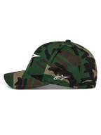 Alpinestars Ageless Multi Hat, cappellino da baseball camouflage verde, visiera curva con corona strutturata, logo Astars bianco frontale e laterale, abbigliamento casual motorsport streetwear