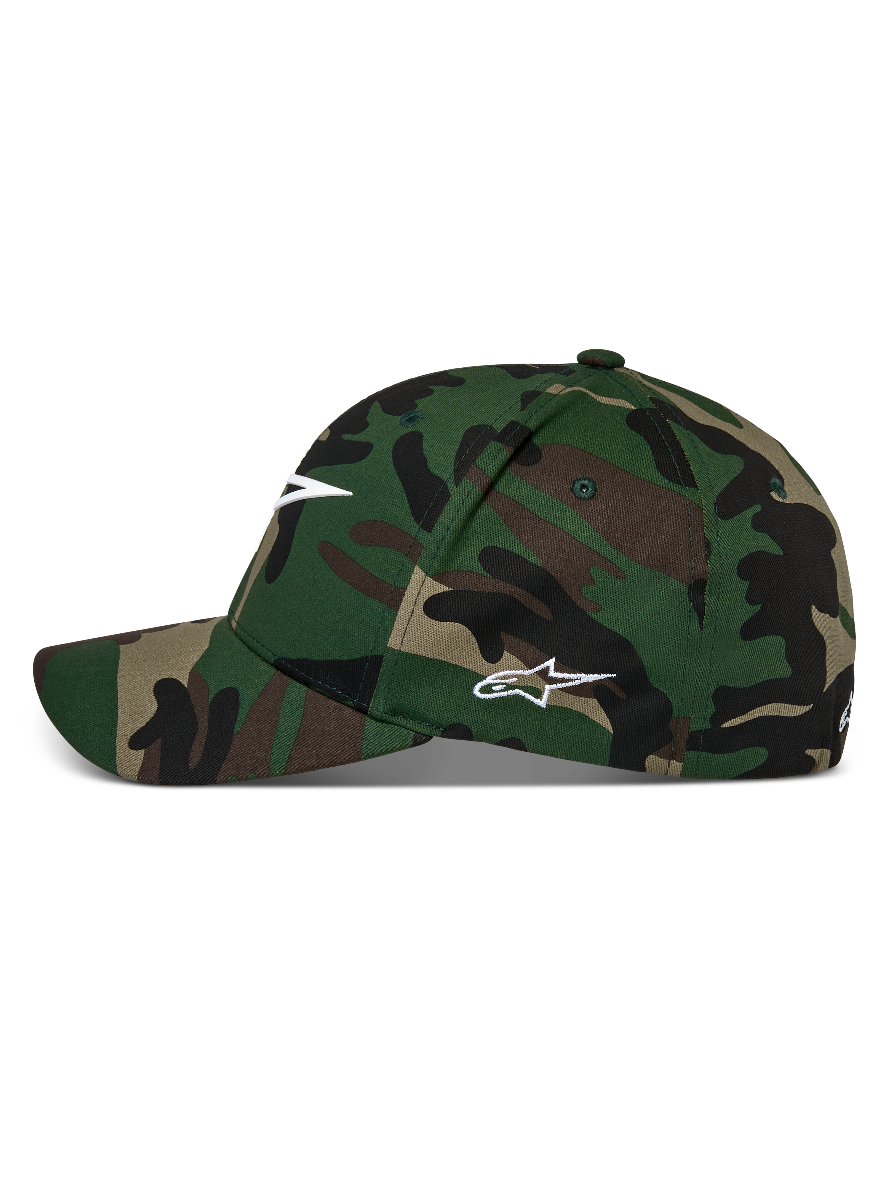 Alpinestars Ageless Multi Hat, cappellino da baseball camouflage verde, visiera curva con corona strutturata, logo Astars bianco frontale e laterale, abbigliamento casual motorsport streetwear