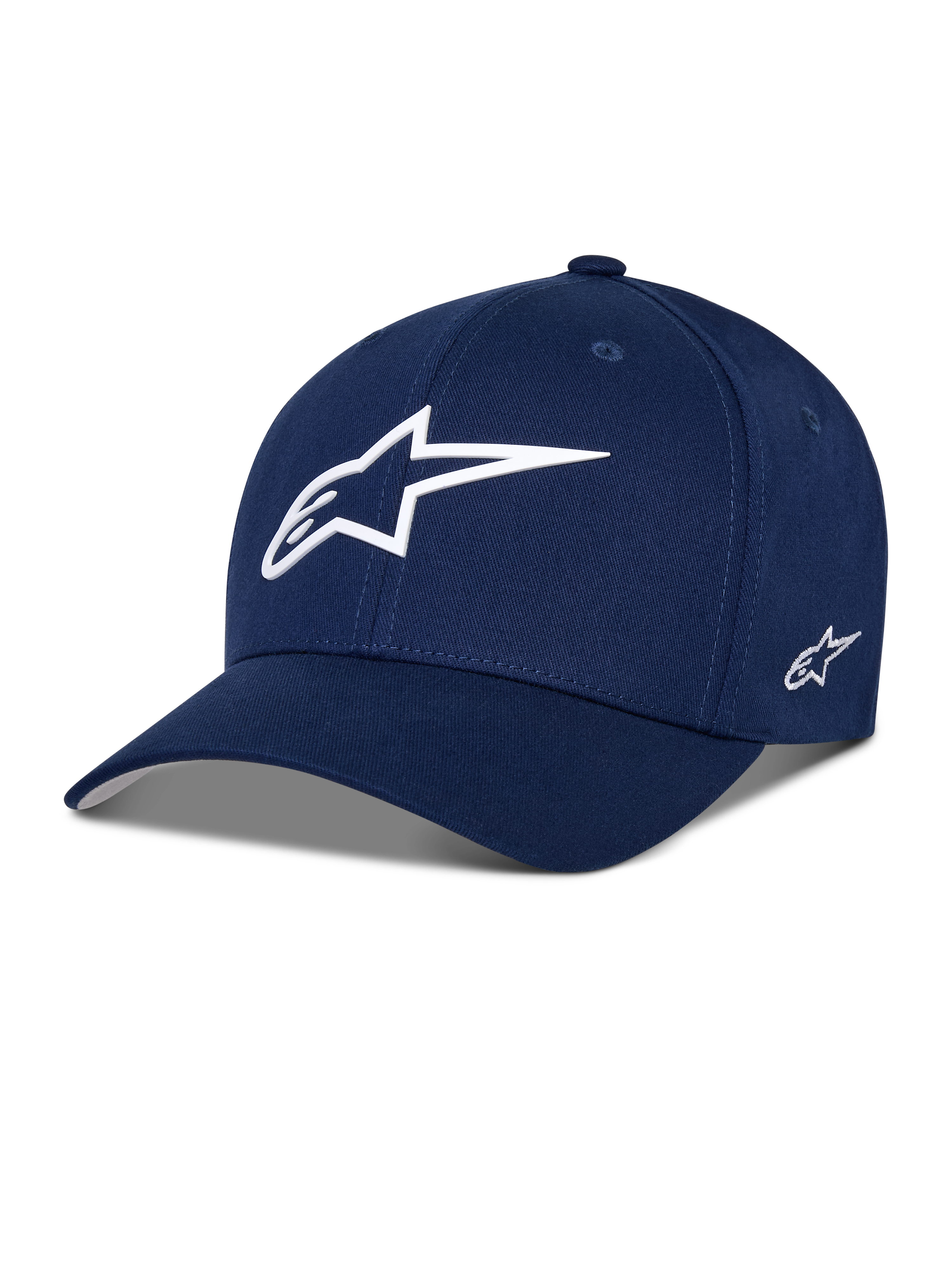 Alpinestars Ageless Multi Hat, cappellino da baseball blu navy, logo stella bianco 3D sul davanti, logo laterale ricamato, visiera curva, abbigliamento sportivo casual e lifestyle