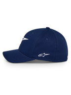 Alpinestars Ageless Multi Hat, blu navy, vista laterale di un cappello da baseball con visiera curva e logo Astars ricamato in bianco, copricapo casual sportivo