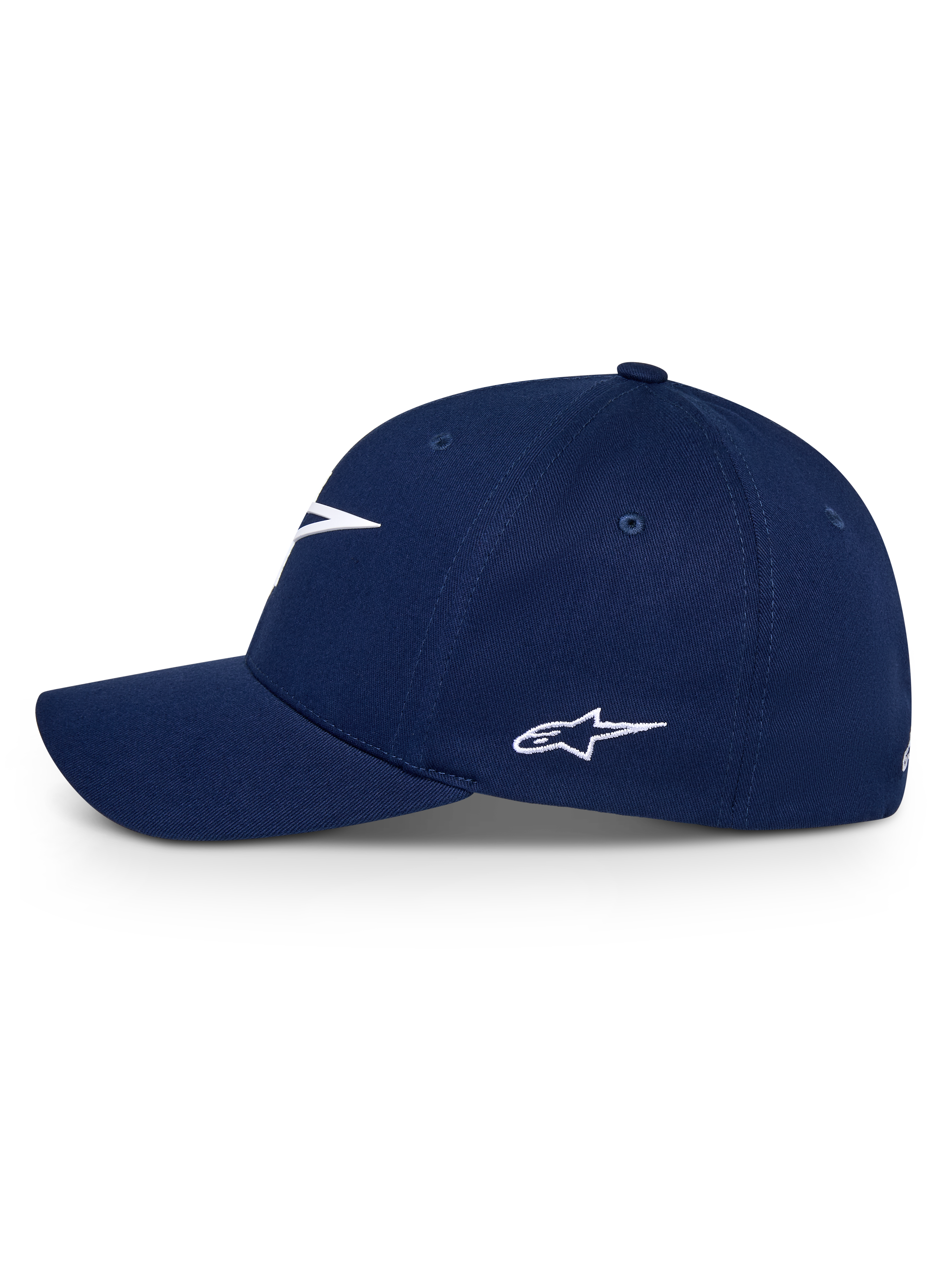 Alpinestars Ageless Multi Hat, blu navy, vista laterale di un cappello da baseball con visiera curva e logo Astars ricamato in bianco, copricapo casual sportivo