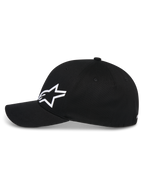 Alpinestars Corp Shift Multi Hat, cappello da baseball nero, vista laterale, logo Astars 3D bianco sul davanti, visiera curva, corona strutturata, streetwear casual ispirato al motorsport