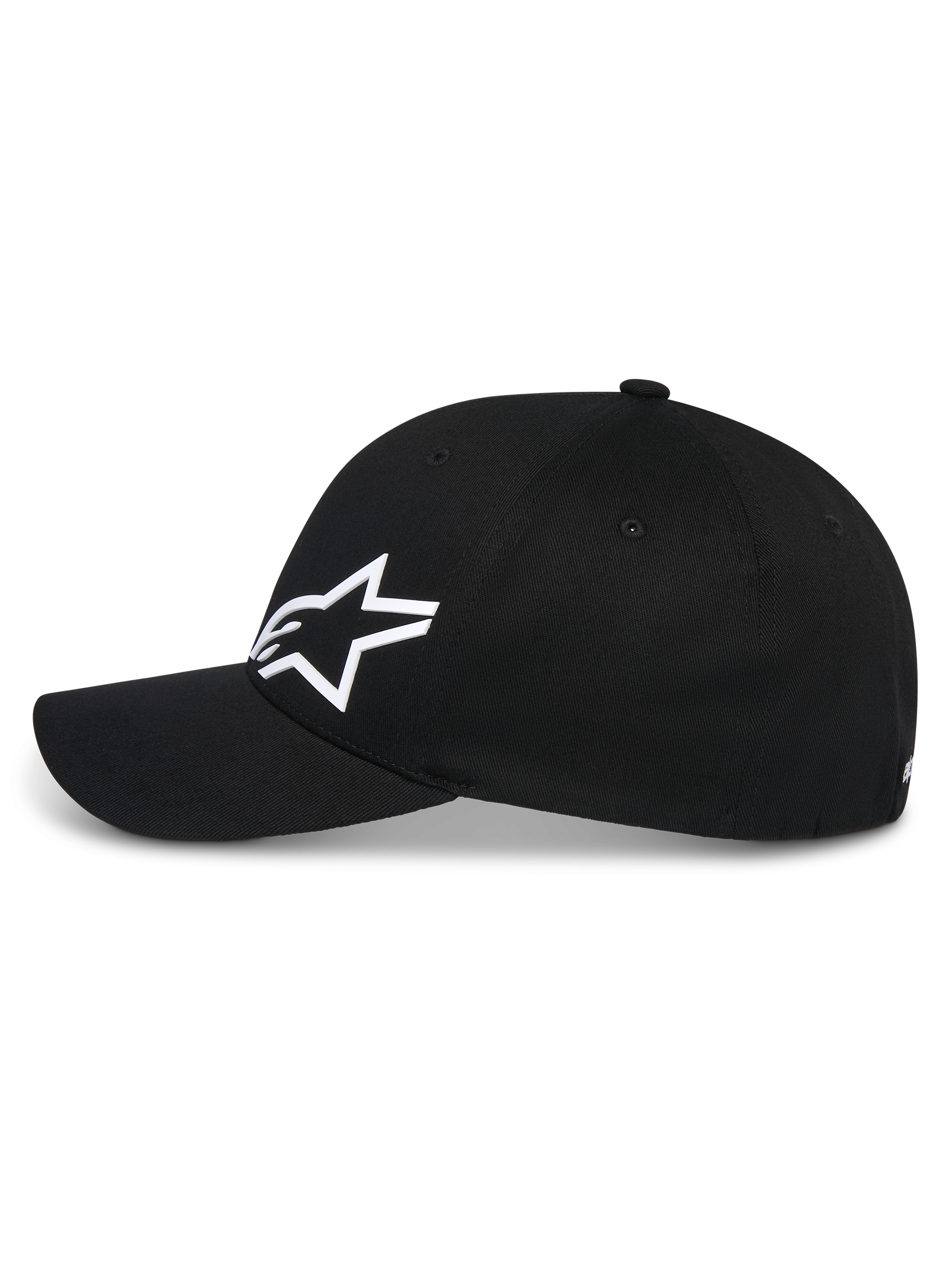 Alpinestars Corp Shift Multi Hat, cappello da baseball nero, vista laterale, logo Astars 3D bianco sul davanti, visiera curva, corona strutturata, streetwear casual ispirato al motorsport