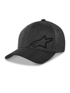Alpinestars Corp Shift Multi Hat, cappellino da baseball, grigio scuro melangiato, logo Astars 3D nero, corona strutturata, visiera curva, tessuto twill elasticizzato, copricapo casual motorsport lifestyle