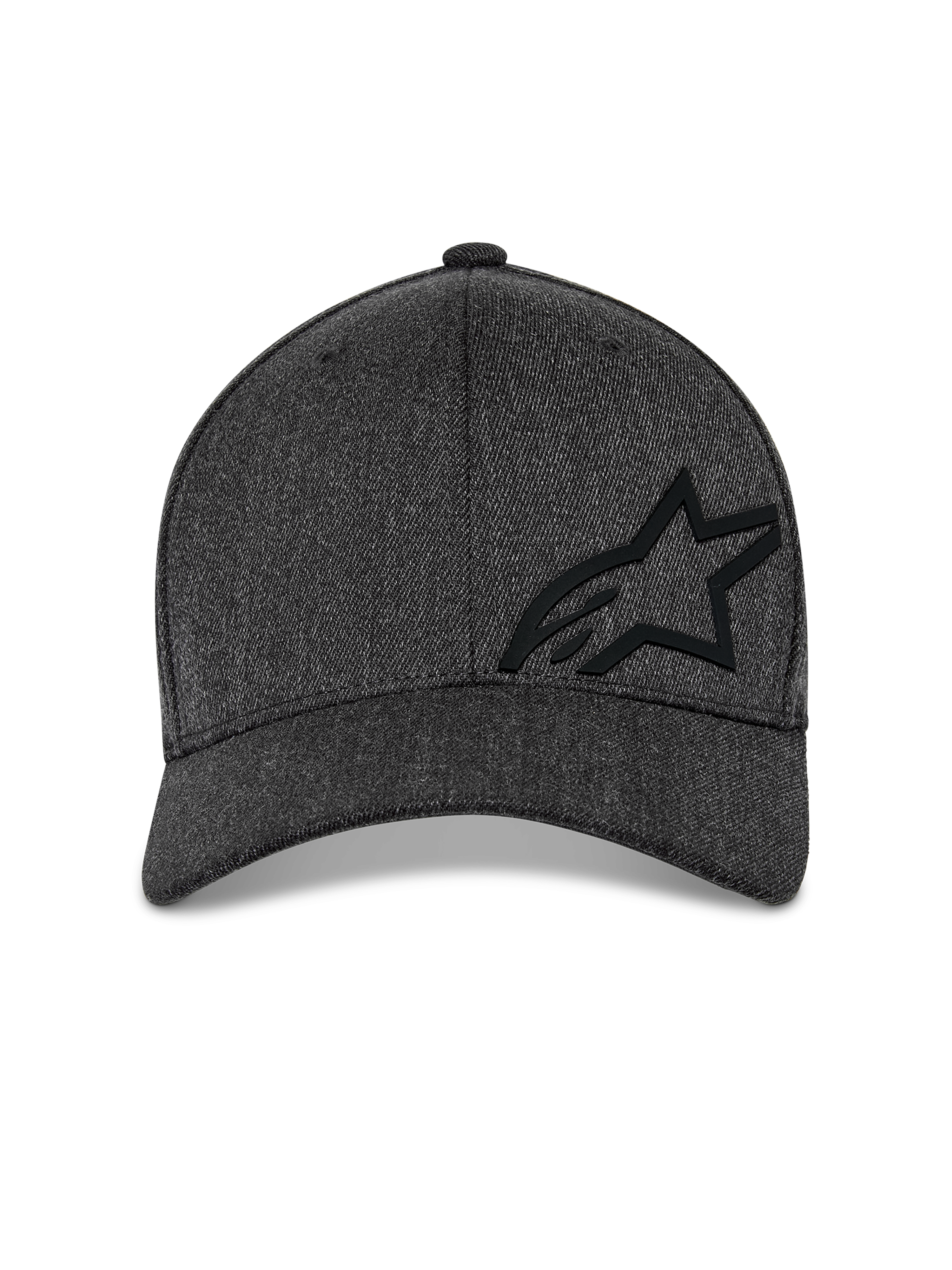 Cappello Alpinestars Corp Shift Multi, cappellino da baseball, grigio scuro melange, vista frontale con corona strutturata, logo Astars 3D nero e visiera curva, streetwear casual motorsport