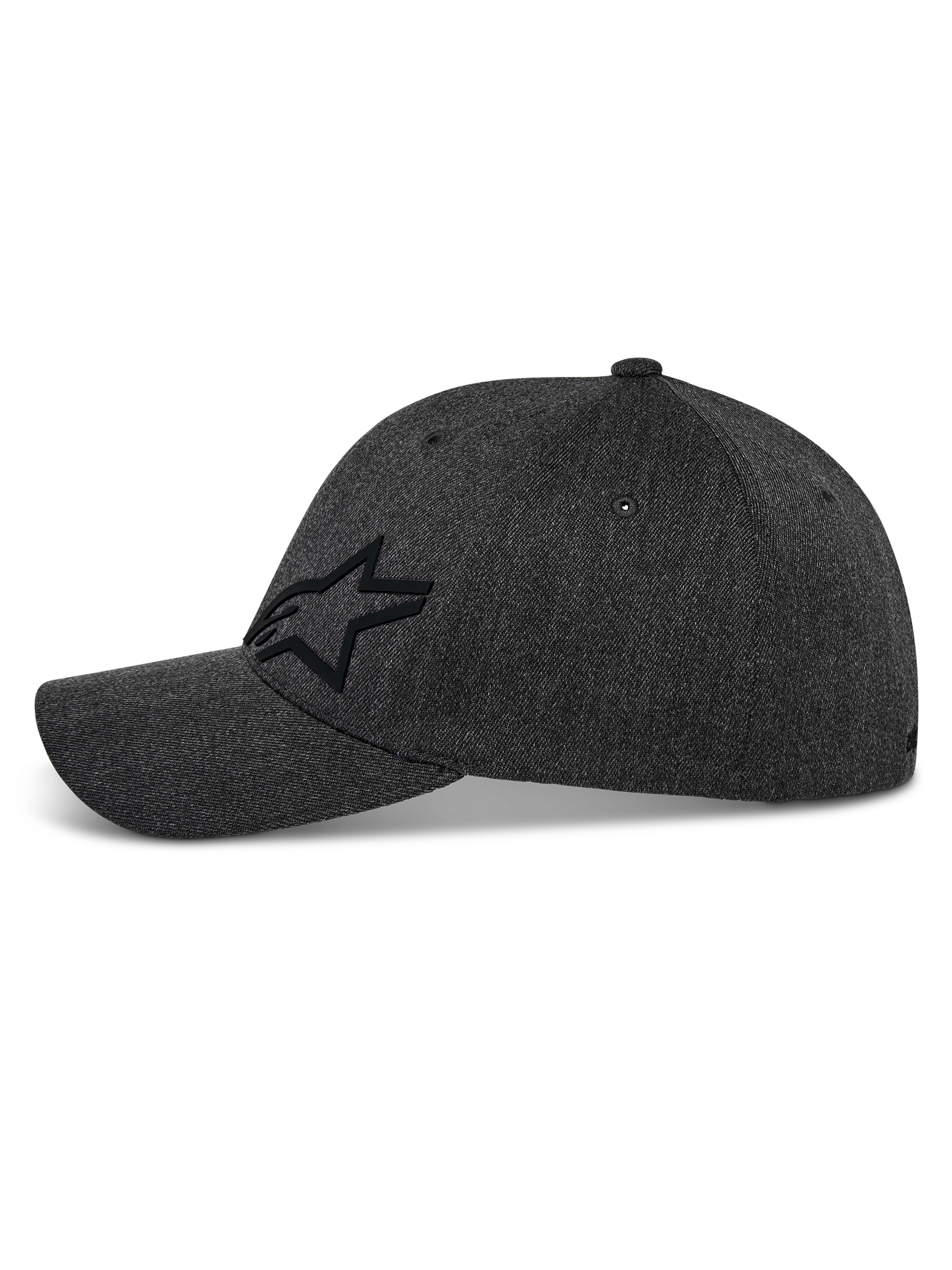 Alpinestars Corp Shift Multi Hat, cappellino da baseball, grigio scuro mélange, profilo laterale con logo Astars 3D nero, visiera curva, corona strutturata, tessuto twill elasticizzato, copricapo casual ispirato al motorsport