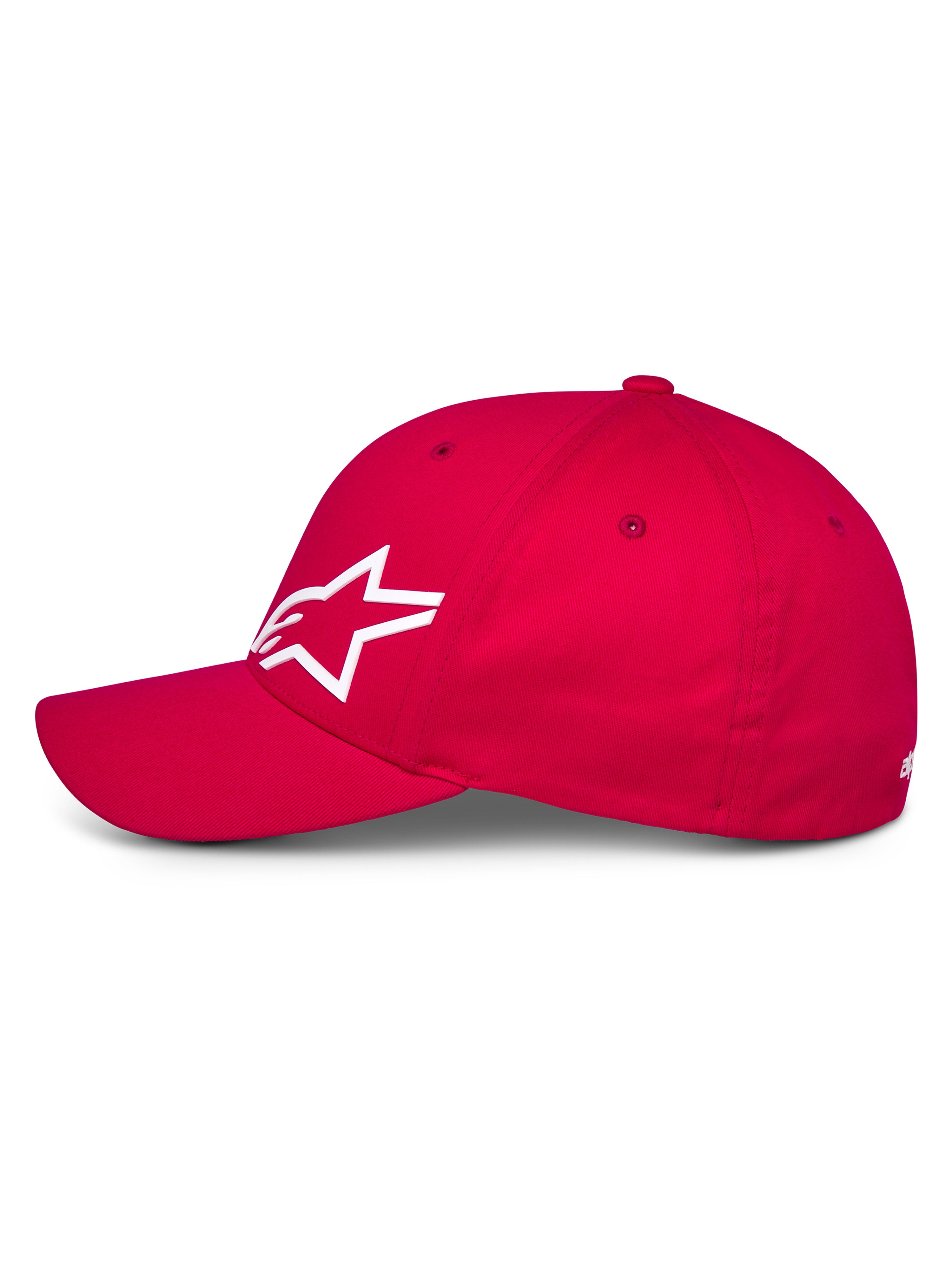 Alpinestars Corp Shift Multi Hat, cappello rosso stile baseball, vista di profilo laterale con logo Astars 3D bianco, visiera curva e corona strutturata, copricapo casual motorsport