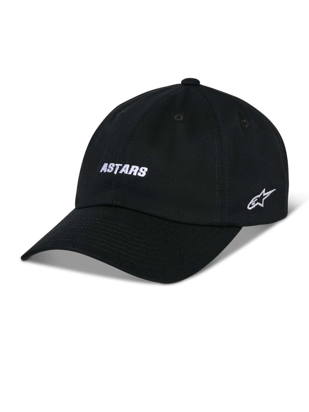 Alpinestars Deduce Strapback Hat, cappellino da baseball nero con visiera curva, ricamo frontale bianco "ASTARS" e logo a stella laterale, corona bassa non strutturata, tessuto twill di cotone