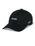 Alpinestars Deduce Strapback Hat, cappellino da baseball nero con visiera curva, ricamo frontale bianco "ASTARS" e logo a stella laterale, corona bassa non strutturata, tessuto twill di cotone