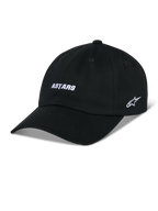 Alpinestars Deduce Strapback Hat, cappellino da baseball nero con visiera curva, ricamo frontale bianco "ASTARS" e logo a stella laterale, corona bassa non strutturata, tessuto twill di cotone