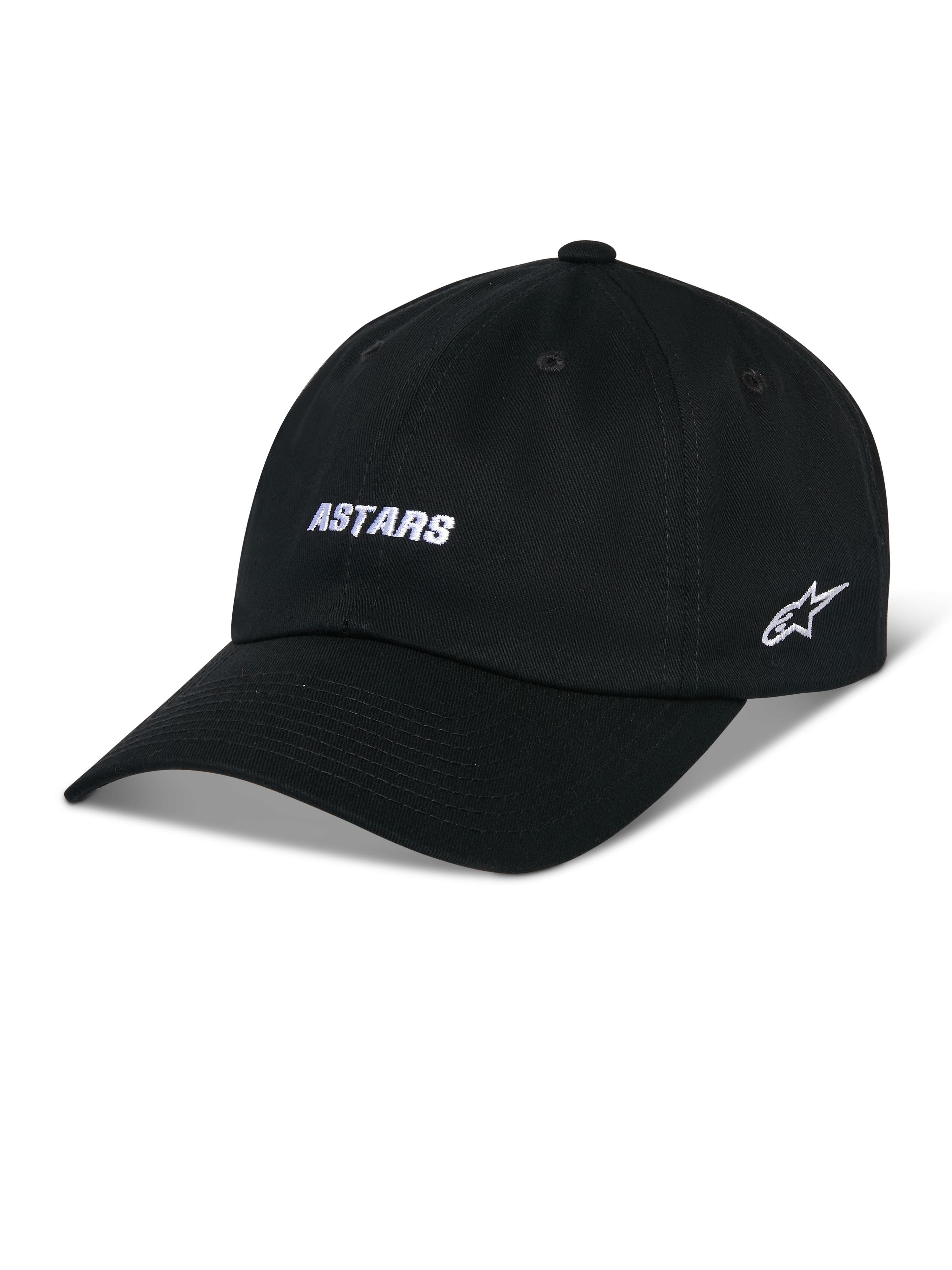 Alpinestars Deduce Strapback Hat, cappellino da baseball nero con visiera curva, ricamo frontale bianco "ASTARS" e logo a stella laterale, corona bassa non strutturata, tessuto twill di cotone