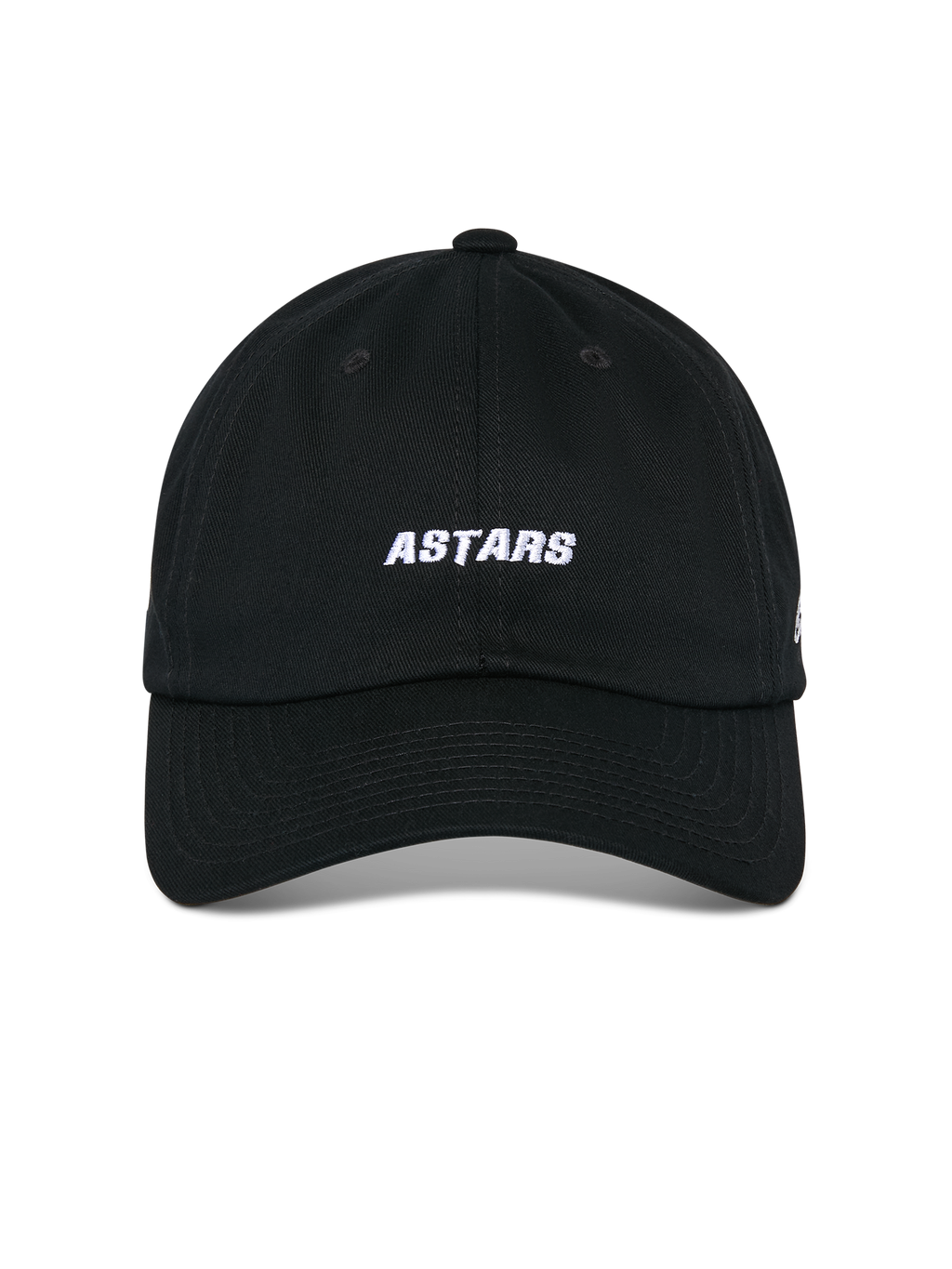 Cappello Alpinestars Deduce Strapback, nero, vista frontale con ricamo bianco ASTARS, visiera curva, corona bassa non strutturata, accessorio casual da motorsport