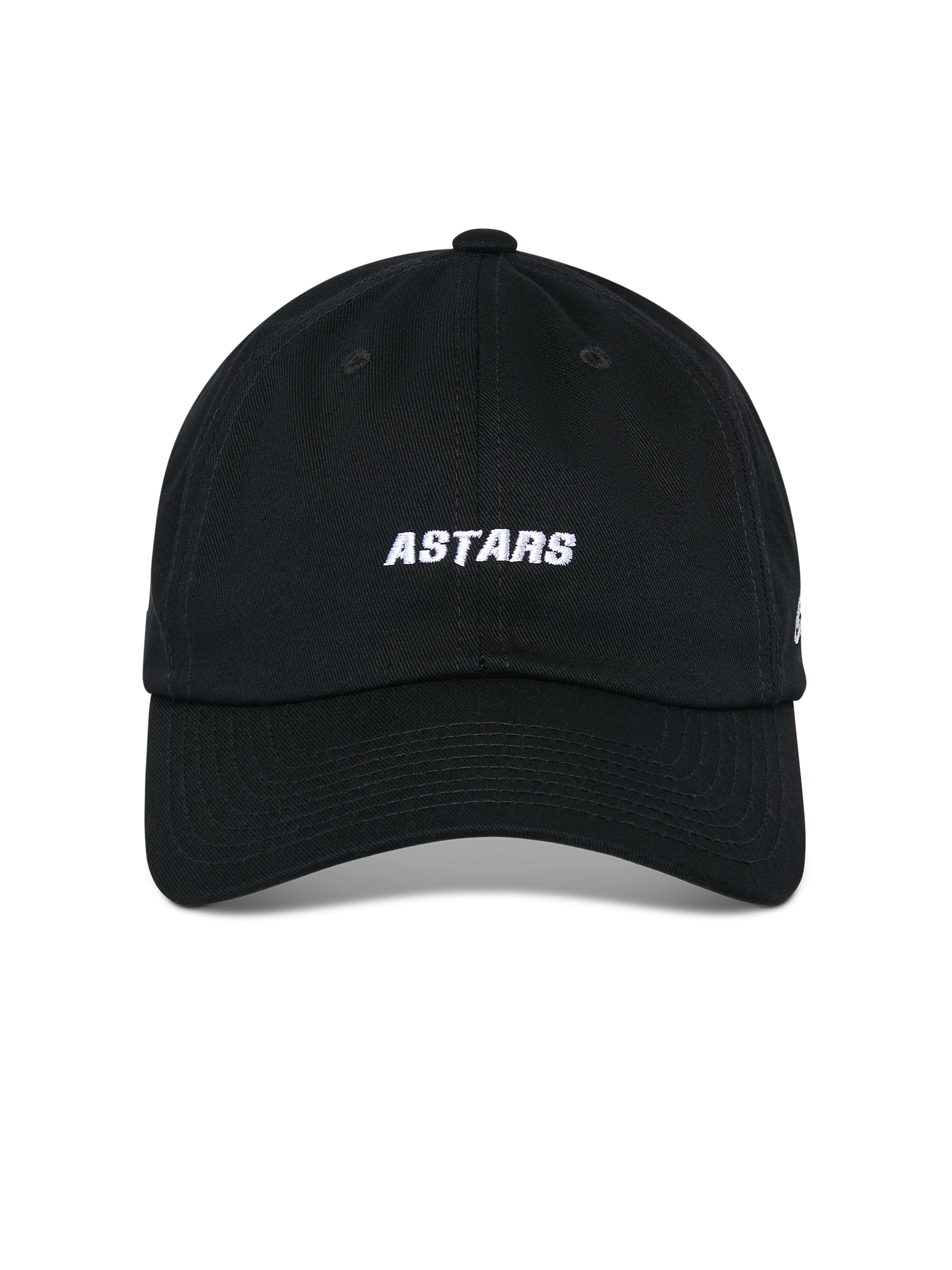 Cappello Alpinestars Deduce Strapback, nero, vista frontale con ricamo bianco ASTARS, visiera curva, corona bassa non strutturata, accessorio casual da motorsport