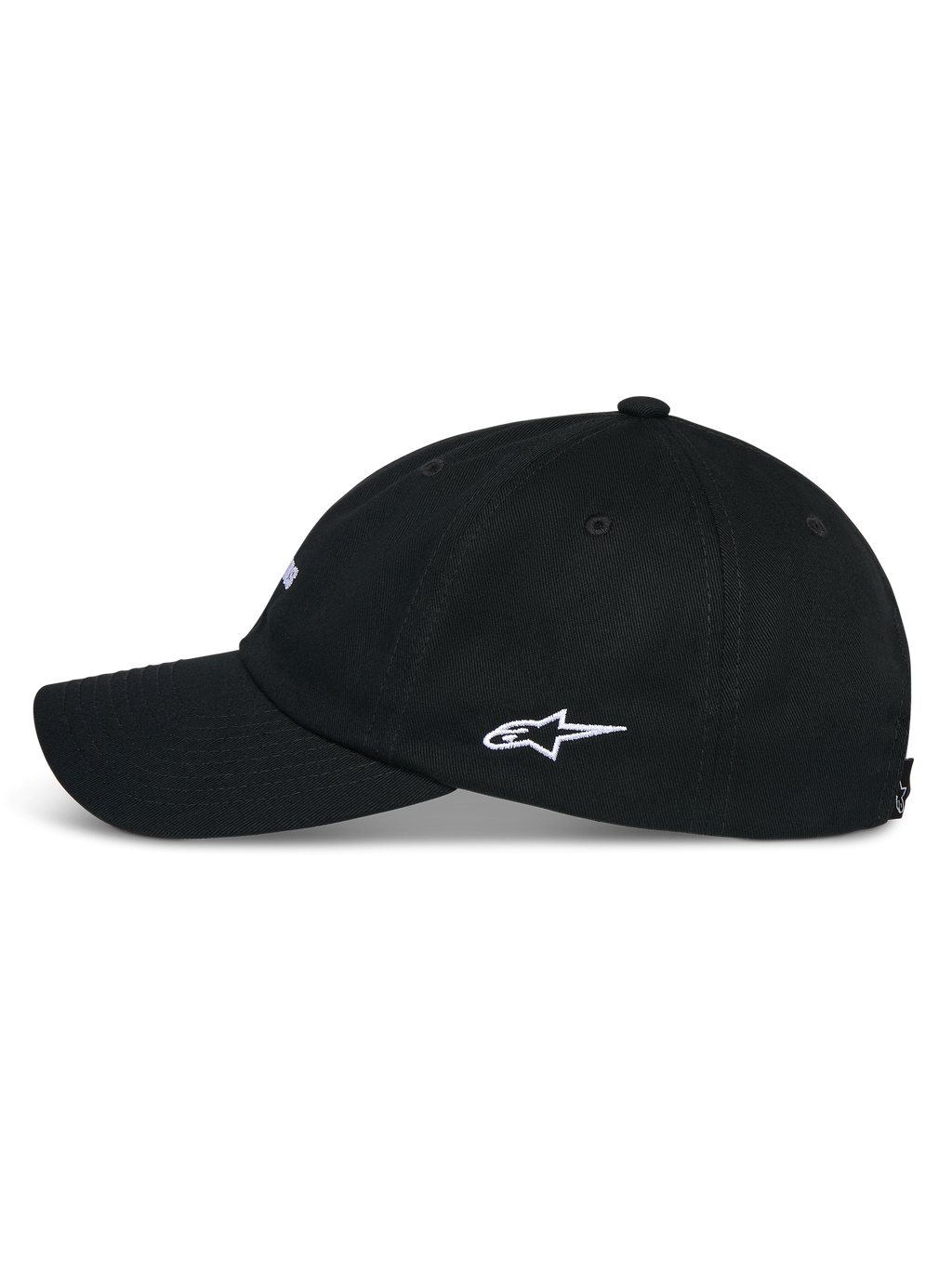 Cappello Alpinestars Deduce Strapback, nero, vista laterale con visiera curva e ricamo bianco del logo Astars sul lato, copricapo casual in twill di cotone