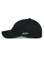 Cappello Alpinestars Deduce Strapback, nero, vista laterale con visiera curva e ricamo bianco del logo Astars sul lato, copricapo casual in twill di cotone