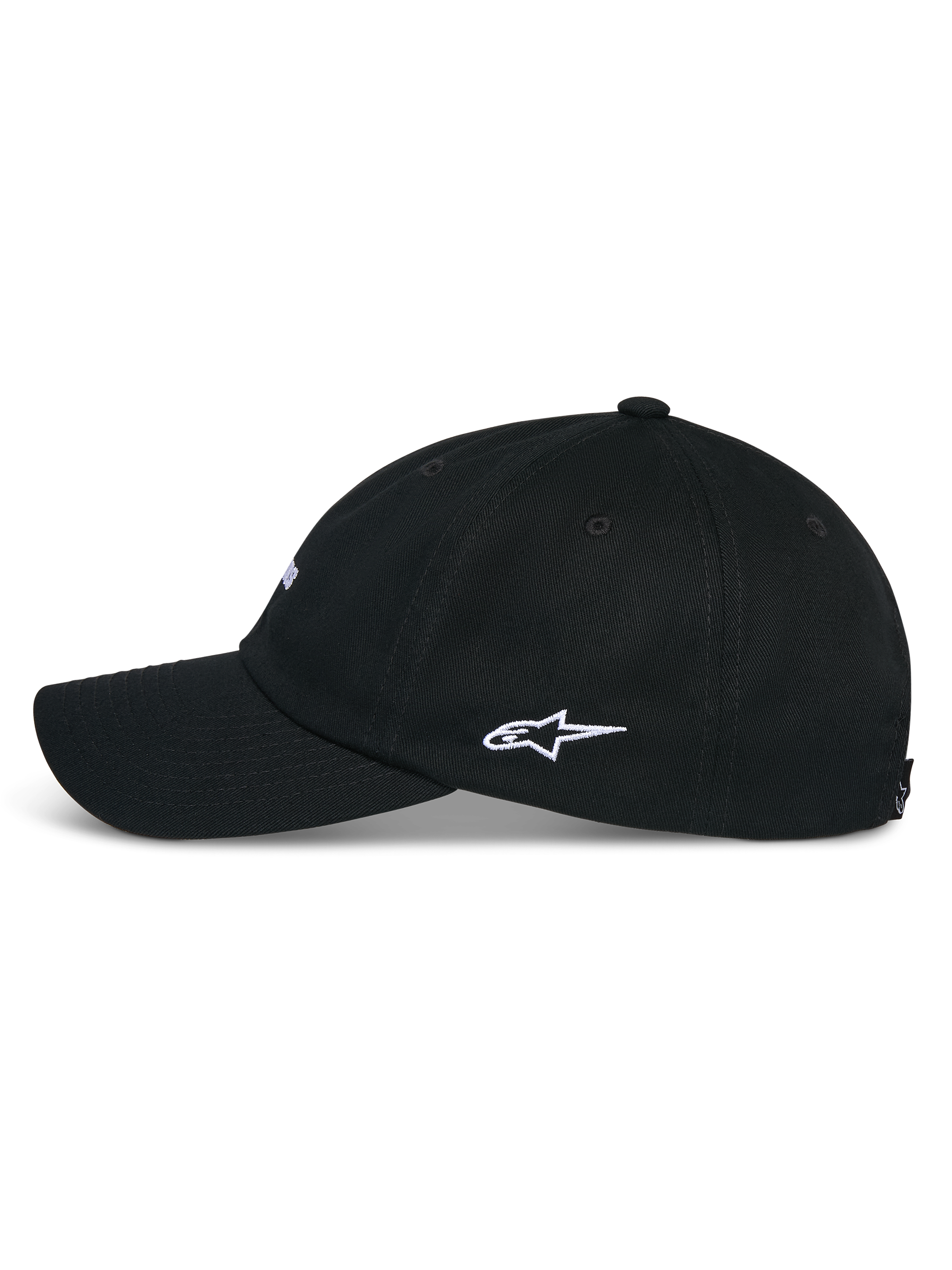 Cappello Alpinestars Deduce Strapback, nero, vista laterale con visiera curva e ricamo bianco del logo Astars sul lato, copricapo casual in twill di cotone
