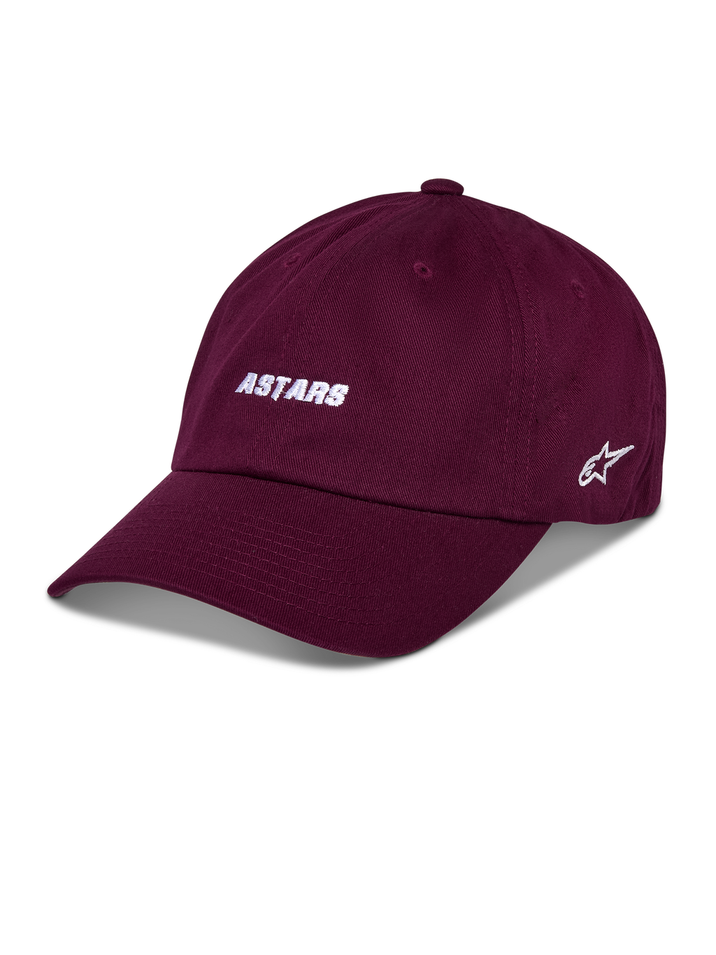 Alpinestars Deduce Strapback Hat, cappello da baseball, color bordeaux, scritta "ASTARS" bianca ricamata sul davanti, logo stella sul lato, visiera curva, abbigliamento casual motorsport streetwear