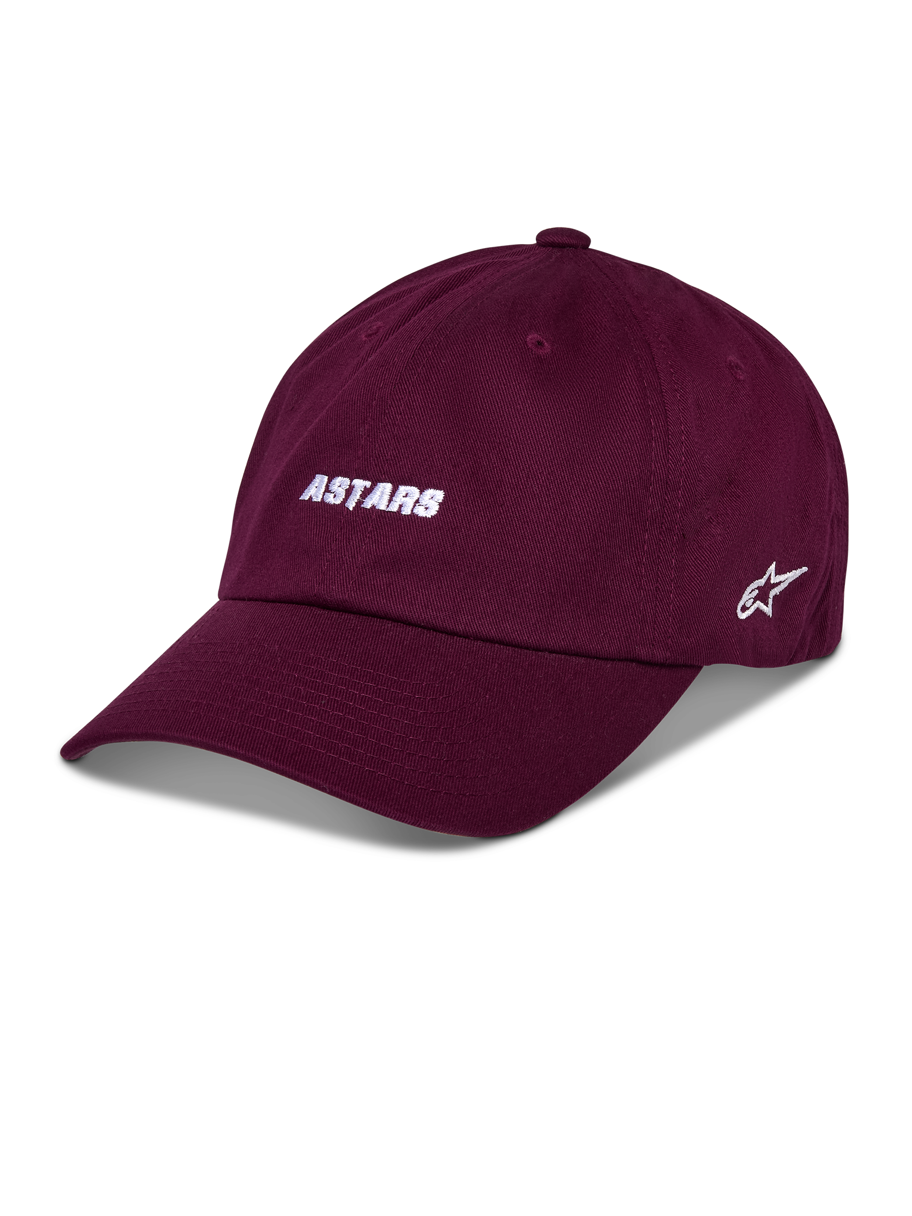 Alpinestars Deduce Strapback Hat, cappello da baseball, color bordeaux, scritta "ASTARS" bianca ricamata sul davanti, logo stella sul lato, visiera curva, abbigliamento casual motorsport streetwear
