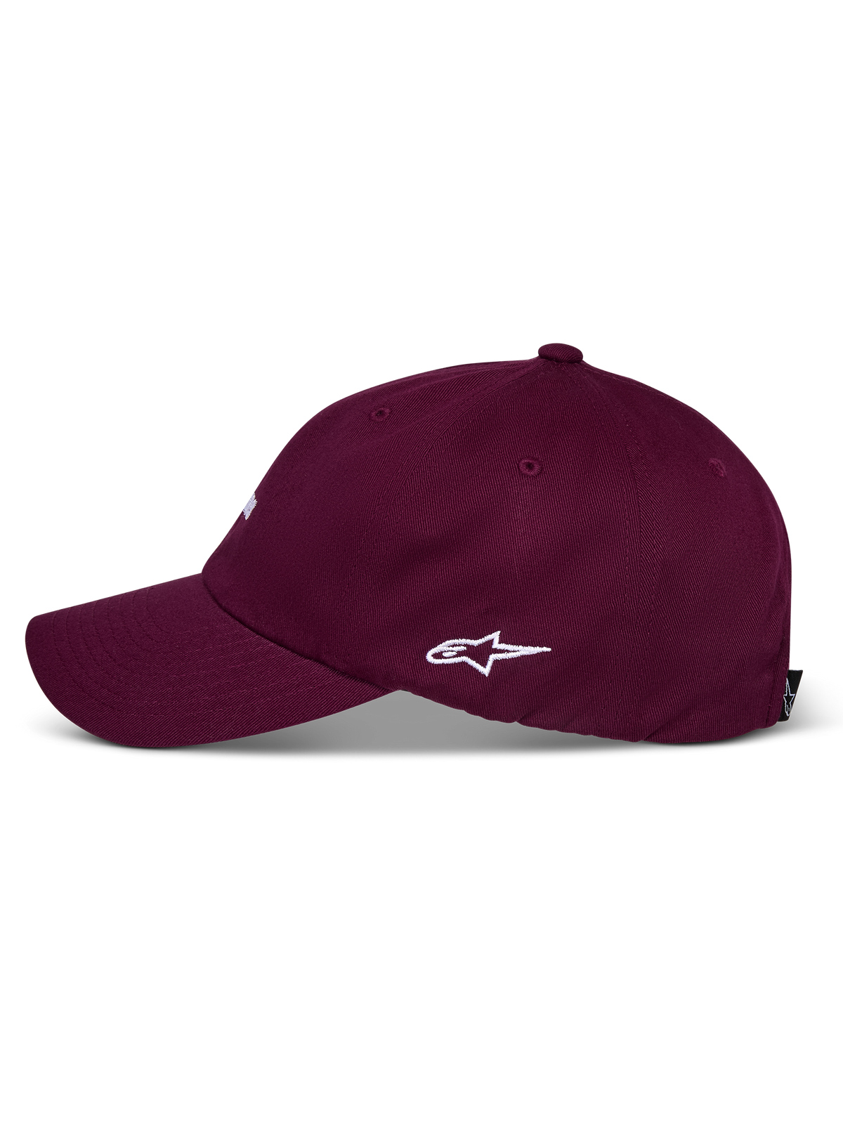 Cappello Alpinestars Deduce Strapback, bordeaux, vista di profilo con logo Astars bianco ricamato, visiera curva, corona bassa non strutturata, copricapo casual in twill di cotone