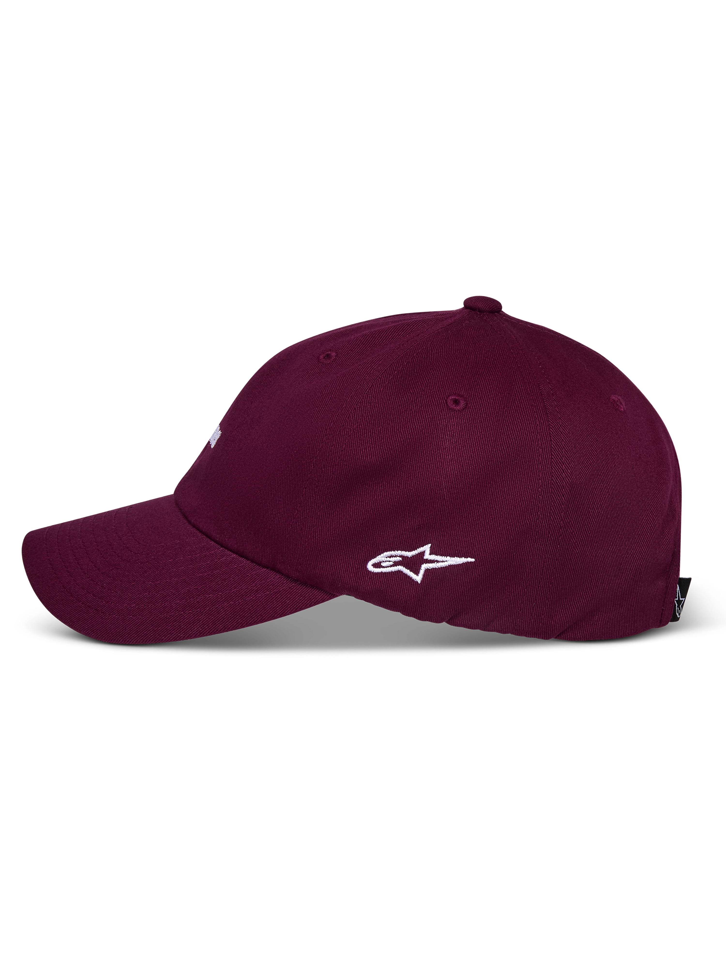 Cappello Alpinestars Deduce Strapback, bordeaux, vista di profilo con logo Astars bianco ricamato, visiera curva, corona bassa non strutturata, copricapo casual in twill di cotone
