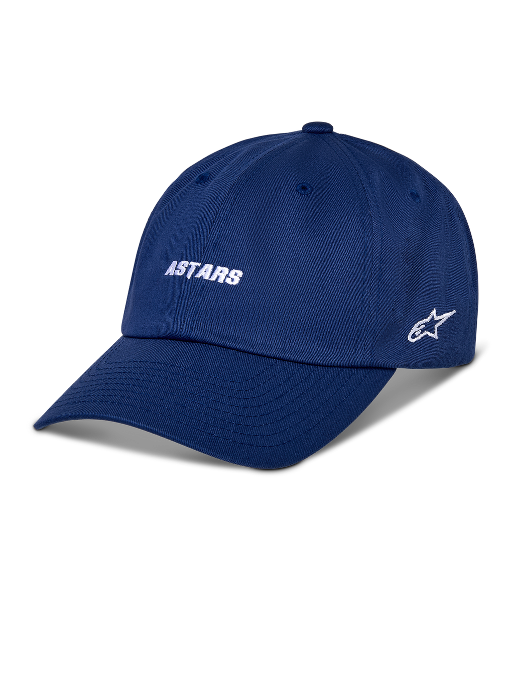 Cappello Alpinestars Deduce Strapback, cappellino da baseball blu, scritta "ASTARS" bianca ricamata e logo a stella laterale, visiera curva, streetwear casual da motorsport