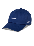 Cappello Alpinestars Deduce Strapback, cappellino da baseball blu, scritta "ASTARS" bianca ricamata e logo a stella laterale, visiera curva, streetwear casual da motorsport