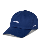 Cappello Alpinestars Deduce Strapback, cappellino da baseball blu, scritta "ASTARS" bianca ricamata e logo a stella laterale, visiera curva, streetwear casual da motorsport