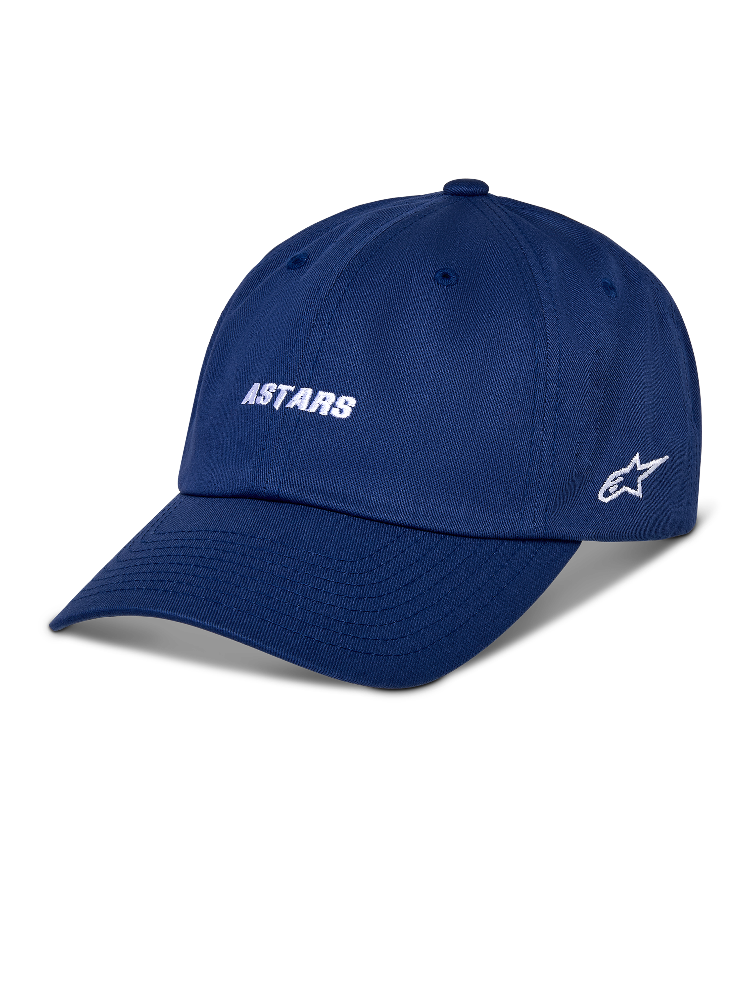 Cappello Alpinestars Deduce Strapback, cappellino da baseball blu, scritta "ASTARS" bianca ricamata e logo a stella laterale, visiera curva, streetwear casual da motorsport
