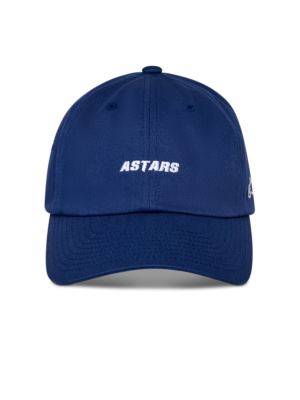 Cappello Alpinestars Deduce Strapback, cappello sportivo, blu, ricamo bianco della scritta ASTARS sul davanti, visiera curva, corona bassa non strutturata, copricapo casual ispirato al motorsport