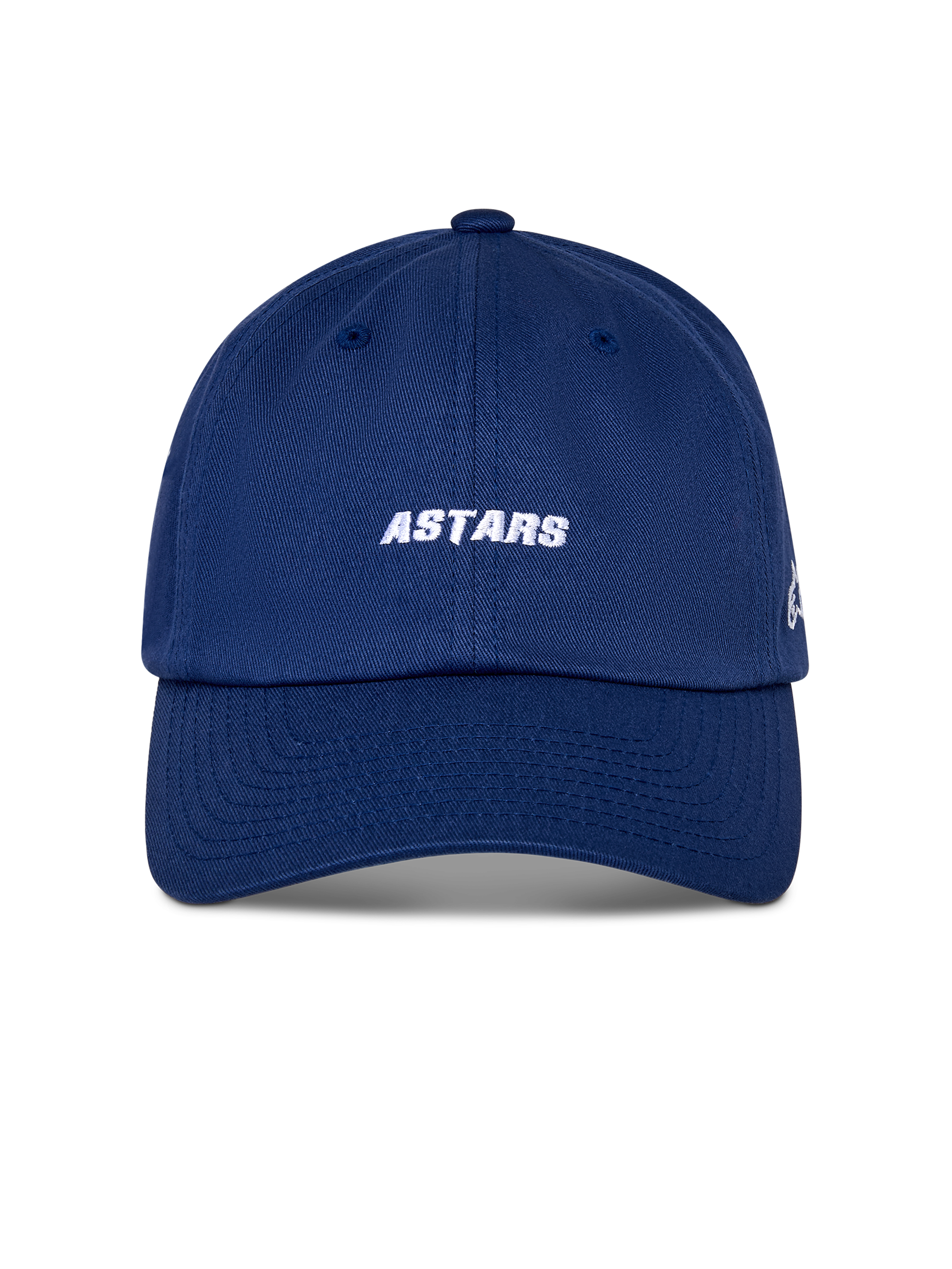 Cappello Alpinestars Deduce Strapback, cappello sportivo, blu, ricamo bianco della scritta ASTARS sul davanti, visiera curva, corona bassa non strutturata, copricapo casual ispirato al motorsport