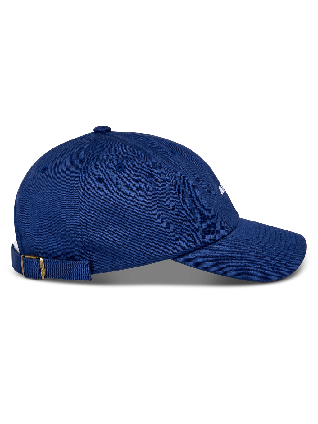 Cappello Alpinestars Deduce Strapback, blu, vista laterale, visiera curva, chiusura strapback regolabile con fibbia in ottone, costruzione in twill di cotone, copricapo casual con logo ricamato bianco