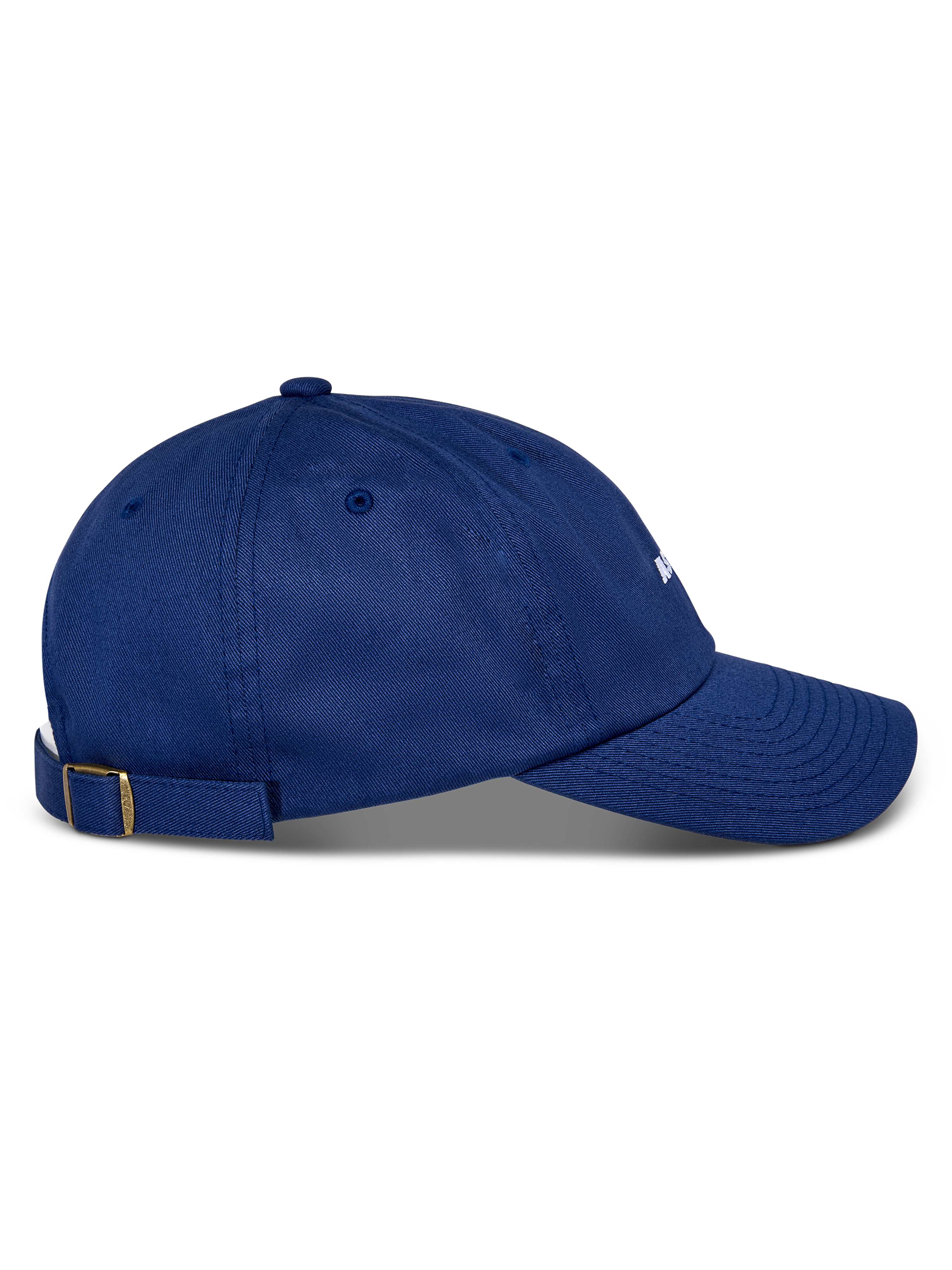 Cappello Alpinestars Deduce Strapback, blu, vista laterale, visiera curva, chiusura strapback regolabile con fibbia in ottone, costruzione in twill di cotone, copricapo casual con logo ricamato bianco