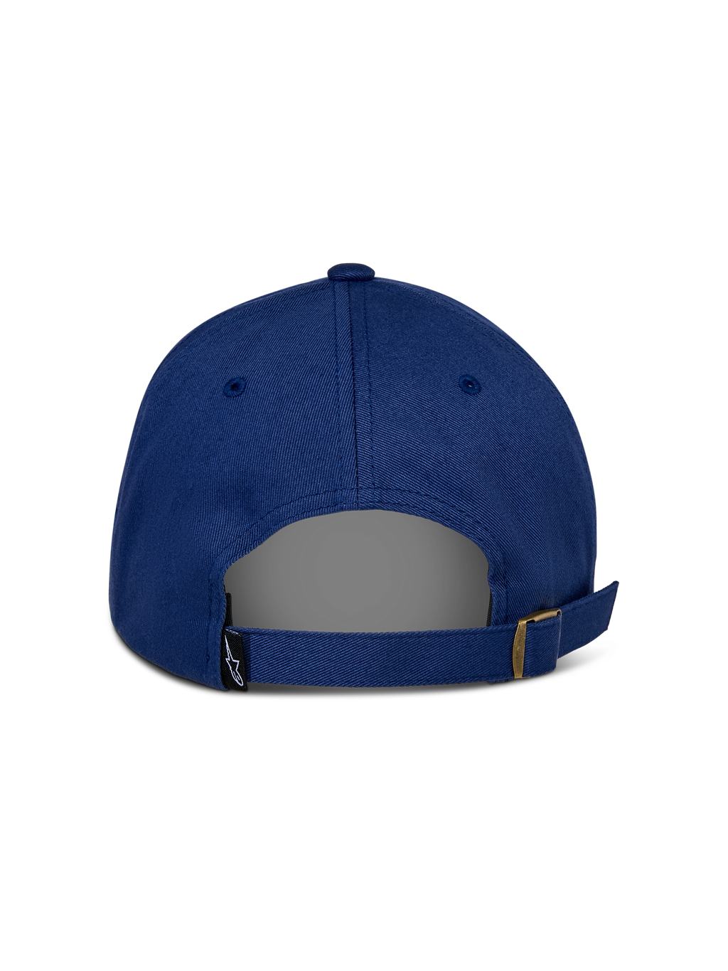 Cappello Alpinestars Deduce Strapback, blu, vista posteriore con chiusura regolabile e fibbia in metallo, piccola etichetta nera con logo Astars, struttura in twill di cotone