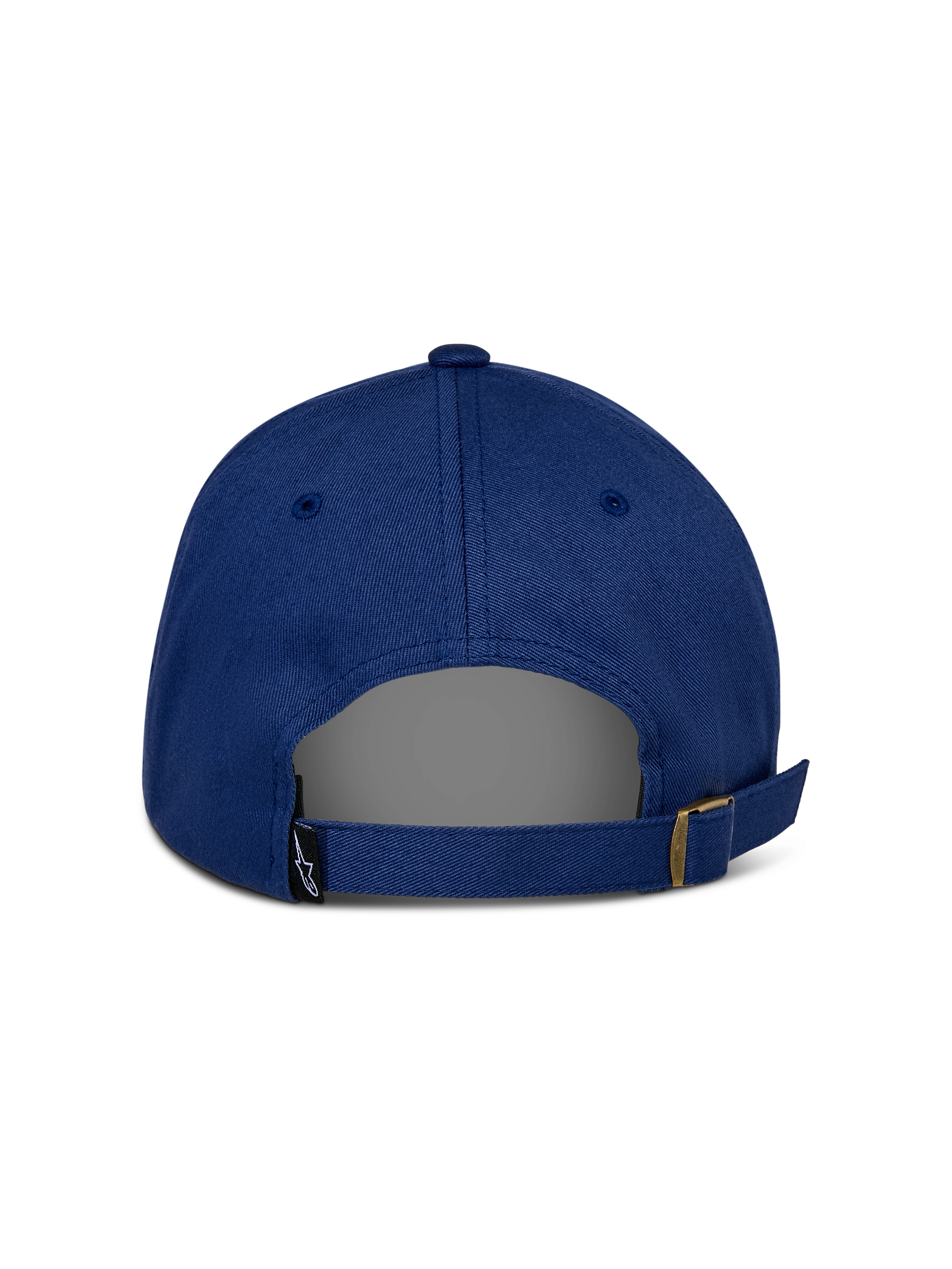 Cappello Alpinestars Deduce Strapback, blu, vista posteriore con chiusura regolabile e fibbia in metallo, piccola etichetta nera con logo Astars, struttura in twill di cotone