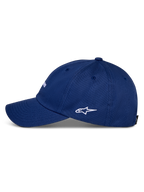 Cappello Alpinestars Deduce Strapback, blu, vista laterale di profilo con visiera curva e logo Astars bianco ricamato, in twill di cotone, abbigliamento sportivo casual