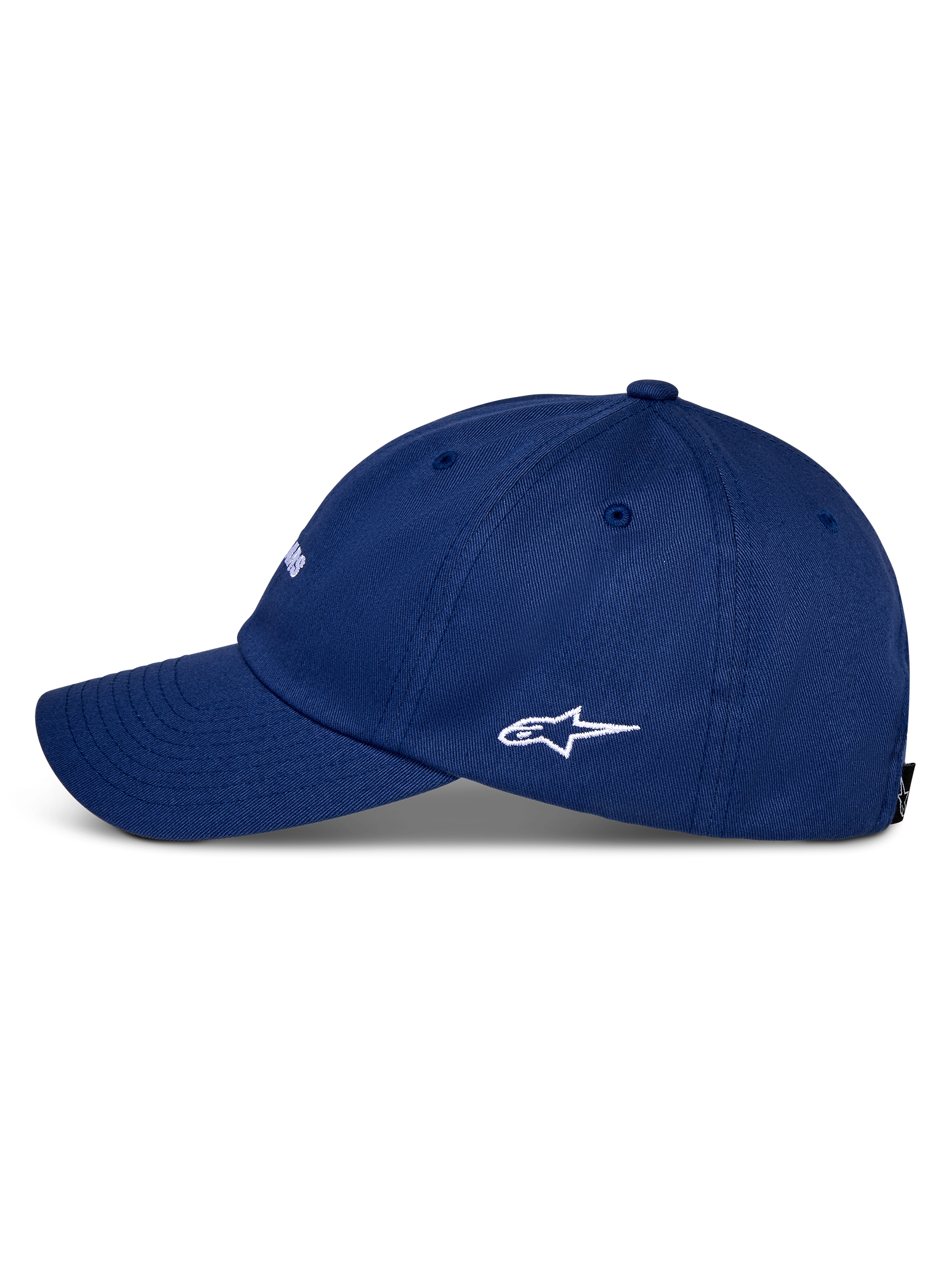 Cappello Alpinestars Deduce Strapback, blu, vista laterale di profilo con visiera curva e logo Astars bianco ricamato, in twill di cotone, abbigliamento sportivo casual
