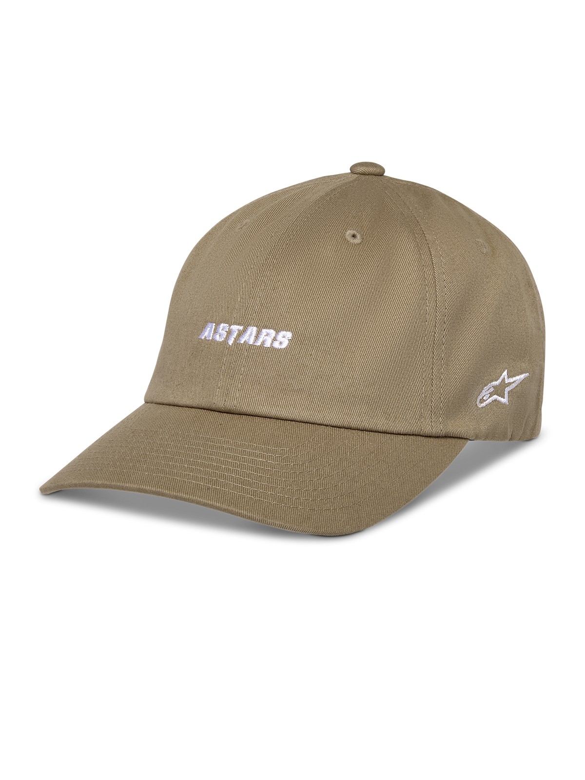 Cappellino Alpinestars Deduce Strapback, berretto da baseball kaki, ricamo bianco ASTARS sul davanti e logo a stella laterale, visiera curva, twill di cotone, abbigliamento sportivo casual