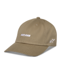 Cappellino Alpinestars Deduce Strapback, berretto da baseball kaki, ricamo bianco ASTARS sul davanti e logo a stella laterale, visiera curva, twill di cotone, abbigliamento sportivo casual