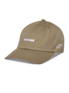 Cappellino Alpinestars Deduce Strapback, berretto da baseball kaki, ricamo bianco ASTARS sul davanti e logo a stella laterale, visiera curva, twill di cotone, abbigliamento sportivo casual