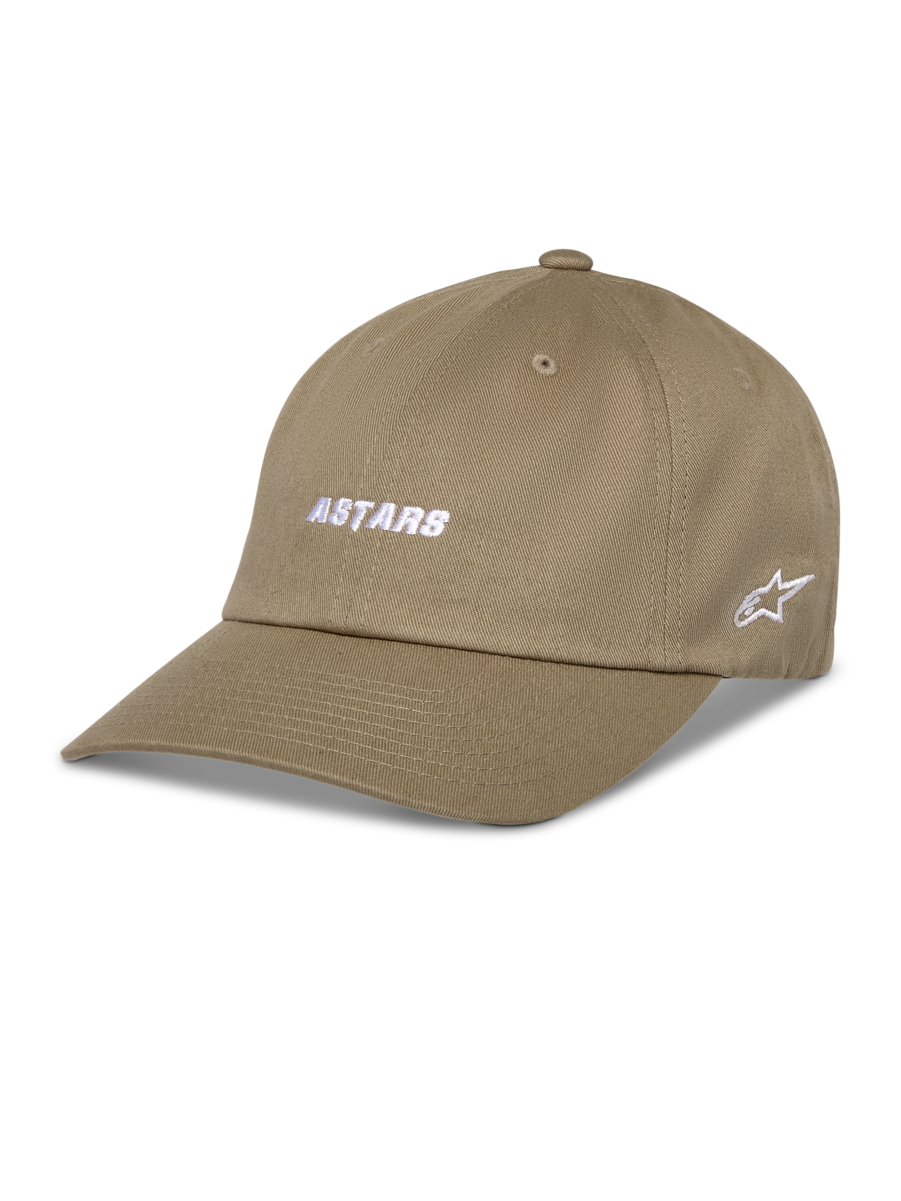 Cappellino Alpinestars Deduce Strapback, berretto da baseball kaki, ricamo bianco ASTARS sul davanti e logo a stella laterale, visiera curva, twill di cotone, abbigliamento sportivo casual