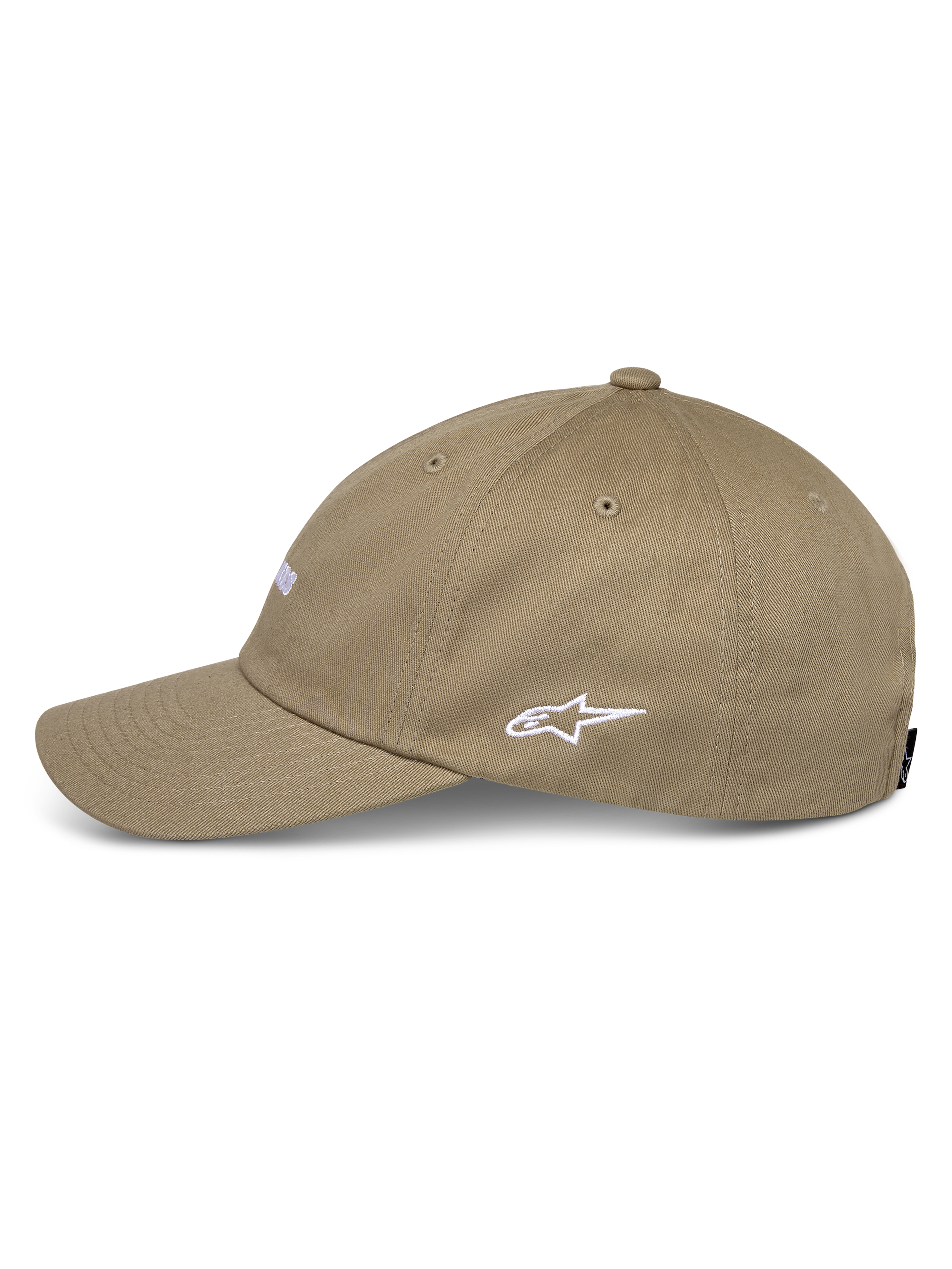Cappello Alpinestars Deduce Strapback, color kaki, vista laterale con logo Astars ricamato in bianco, visiera curva, costruzione in twill di cotone, streetwear casual motorsport